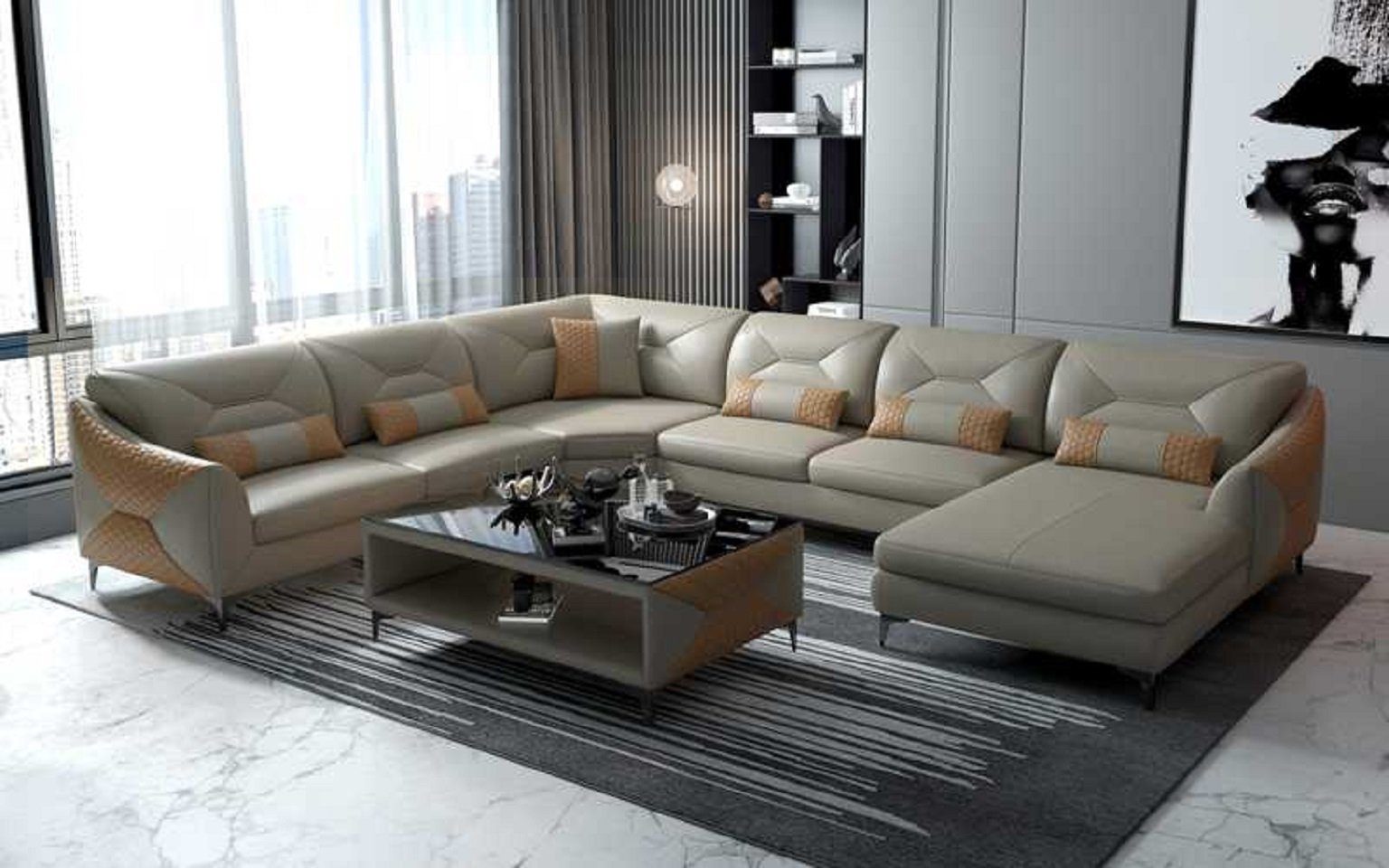 JVmoebel Ecksofa Groß Wohnlandschaft Sofa U Form Modern Ecksofa Kunstleder, 4 Teile, Made in Europe Grau