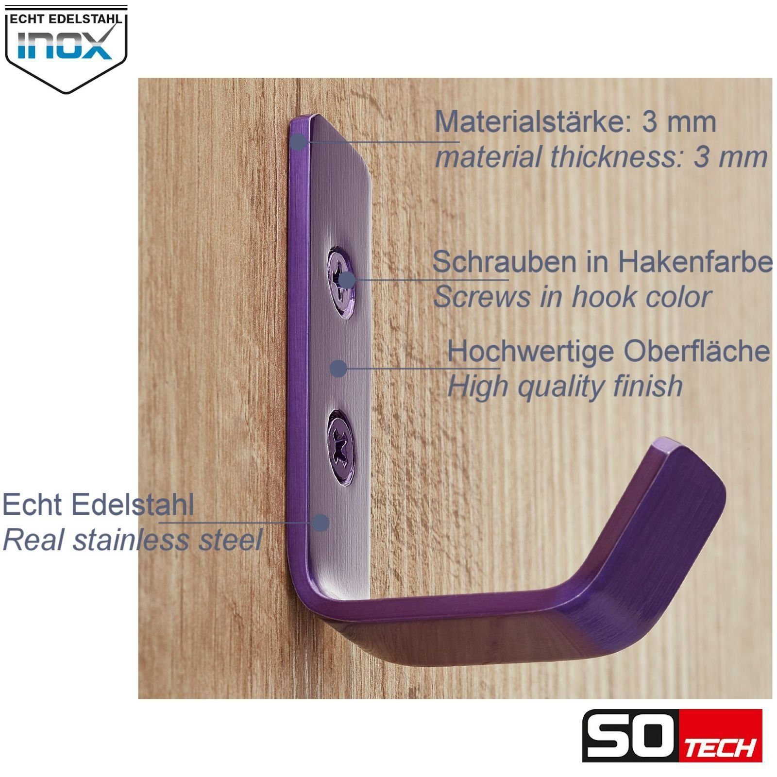 SO-TECH® Kleiderhaken Wandhaken, aus Edelstahl, 60 x 20 x 45 mm, (1-St), kleiner Jackenhaken mit abgerundeten Kanten lila