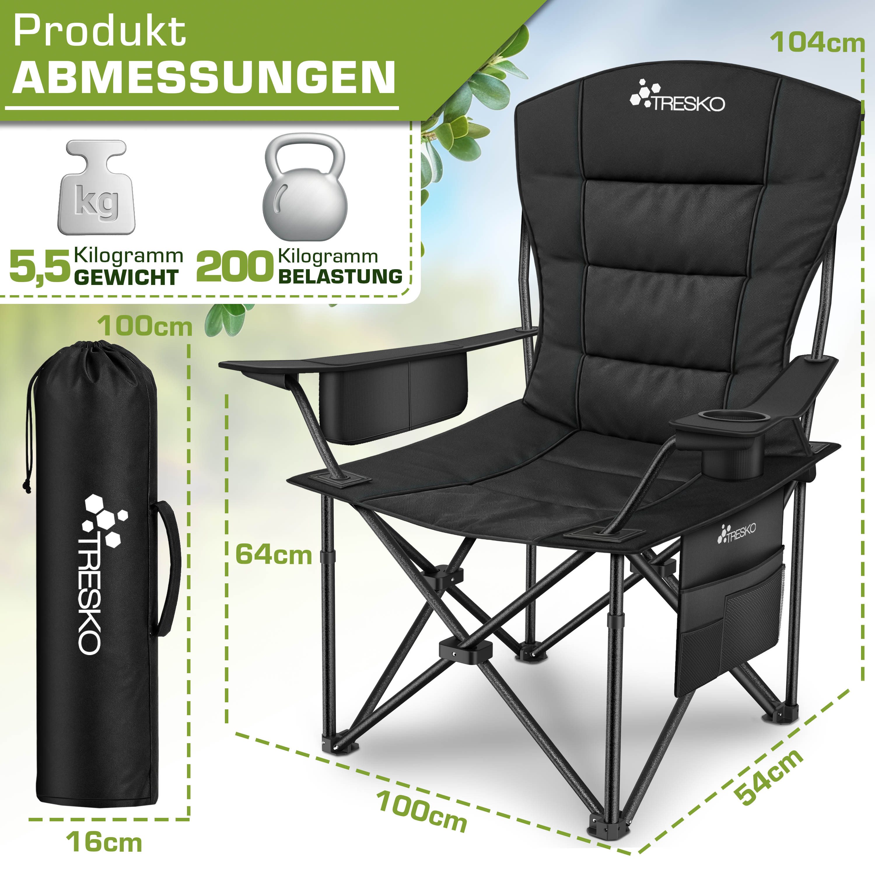 TRESKO Campingstuhl Faltbar bis 200kg Faltstuhl mit Kühltasche, Getränkehal günstig online kaufen