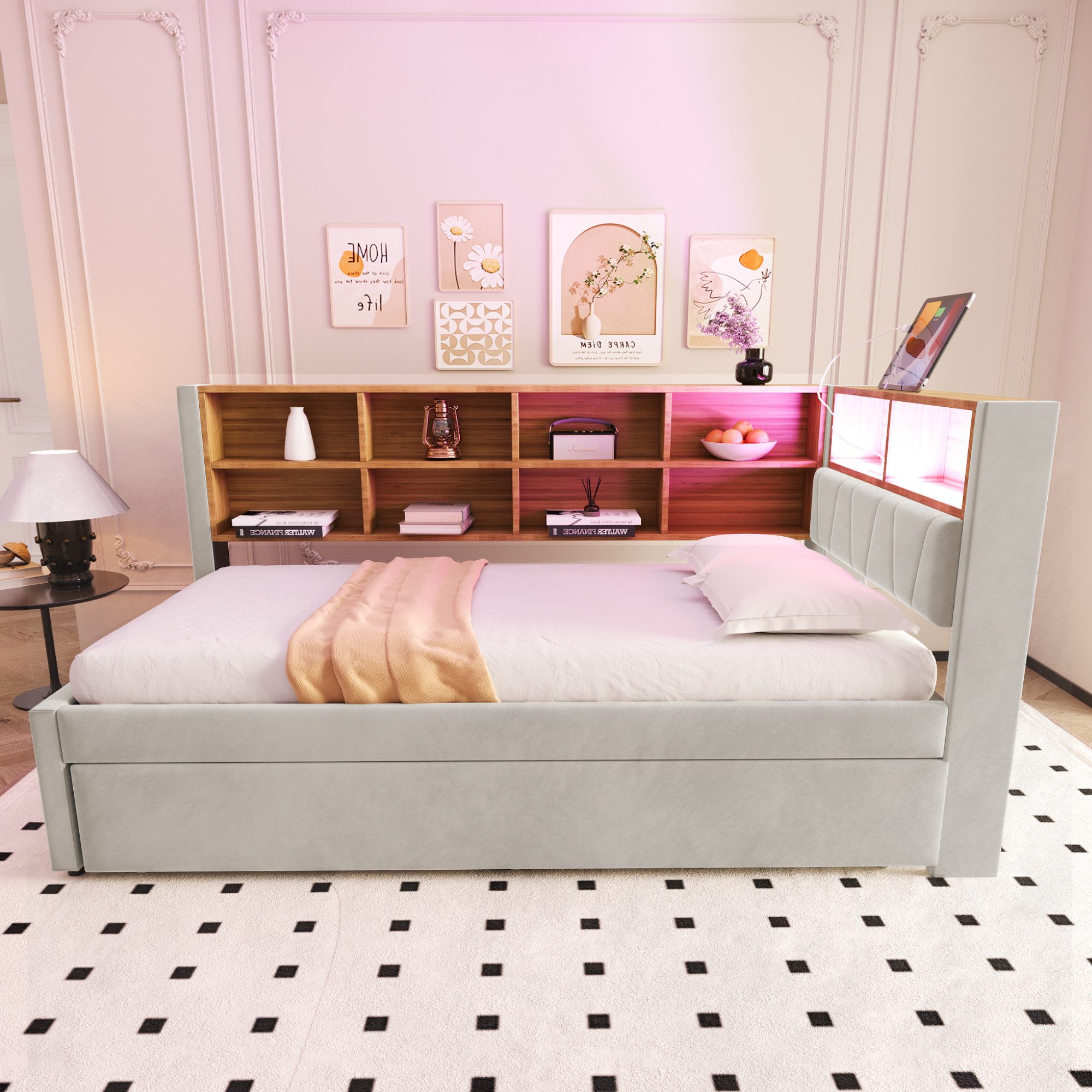 Flieks Daybett, Kinderbett Polsterbett 90x200cm mit LED Steckdose Ausziehbe günstig online kaufen