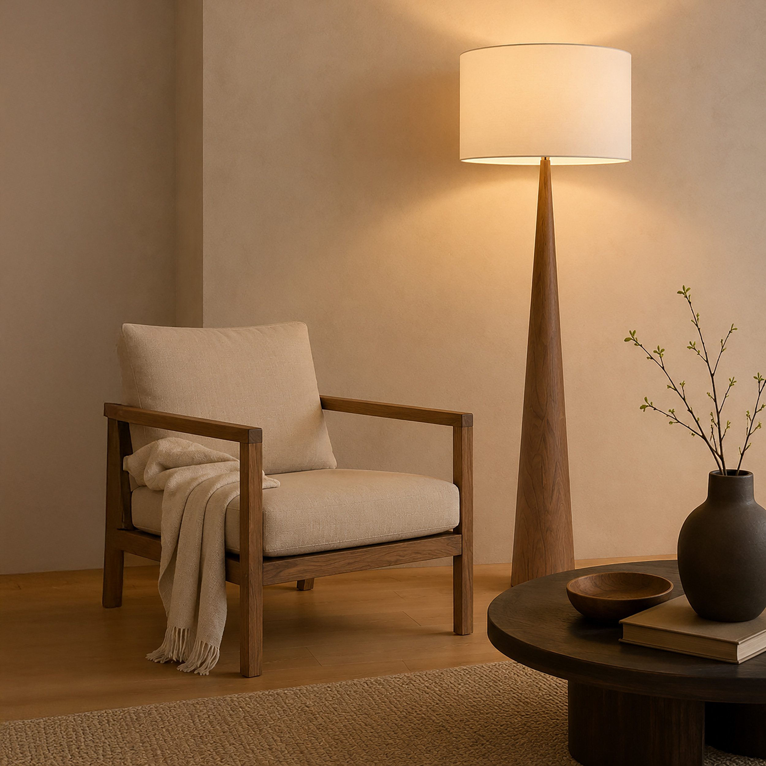 Lightbox Stehlampe, ohne Leuchtmittel, Stehleuchte, Höhe 140 cm, Ø 42 cm, E27 Fassung, Holz Textil, dunkel