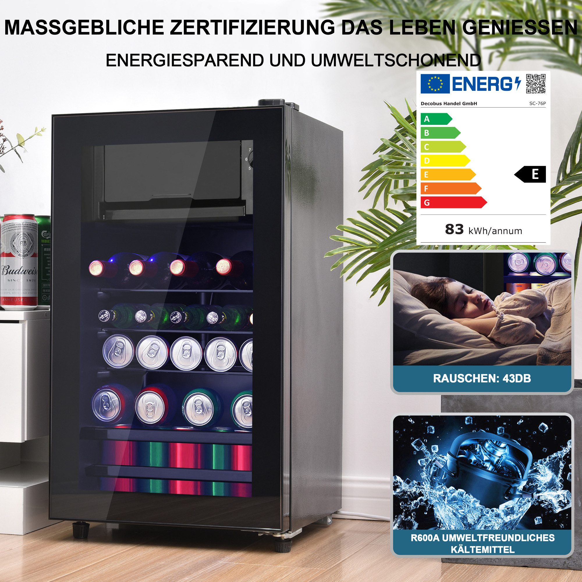 Rolipo Getränkekühlschrank 76L Kühlschrank mit Gefrierfach (6L+70L), 43dB 83 kWh/Jahr SC-76A, 71,6 cm hoch, 40 cm breit, 40×43,5×71,6cm, LED, verstellbare Glasb – Bild 4 von 5
