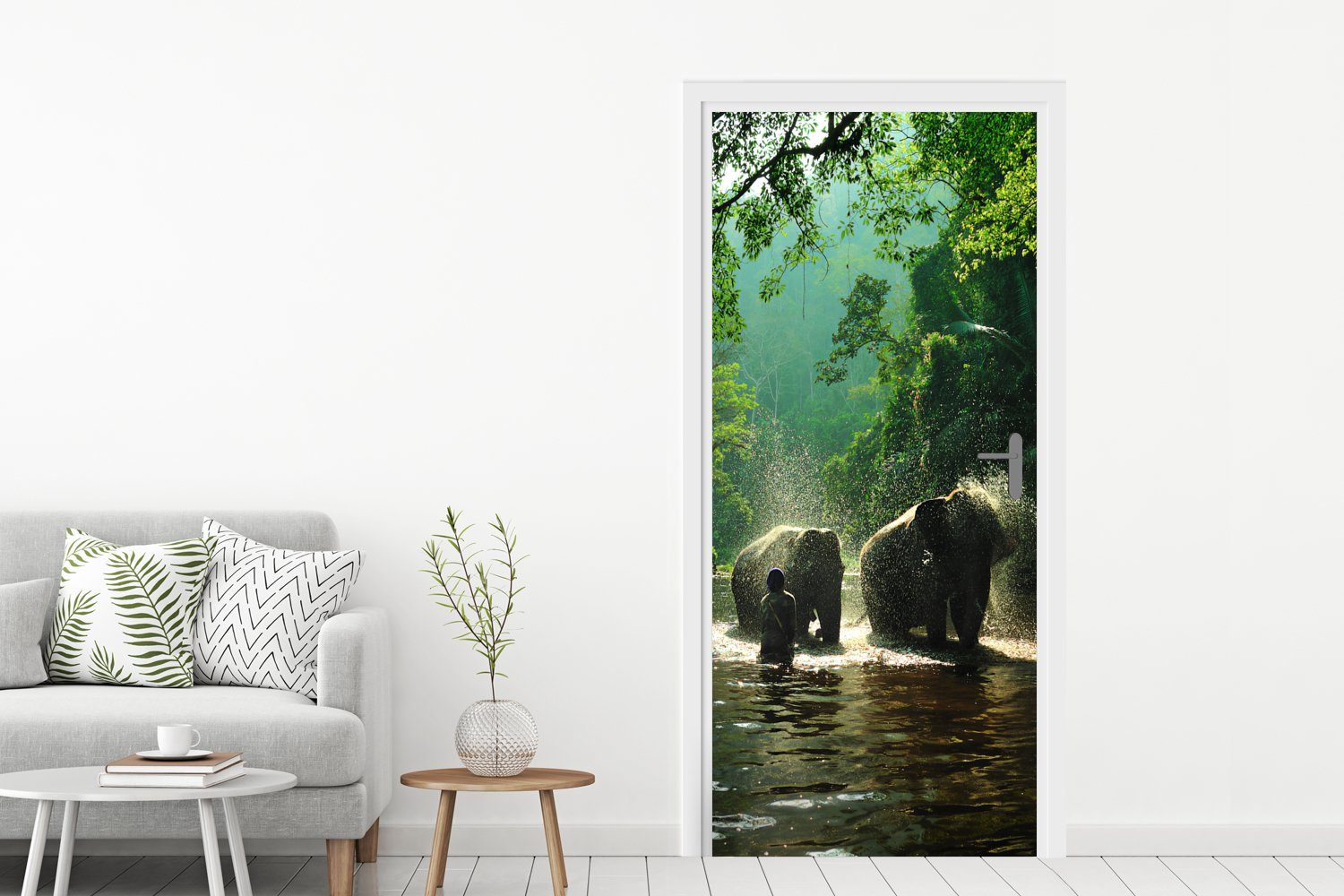 MuchoWow Türtapete für - - 75x205 bedruckt, Tür, Wasser Elefant - Fototapete - Tiere, Grün (1 Türaufkleber, Bäume Matt, St), cm