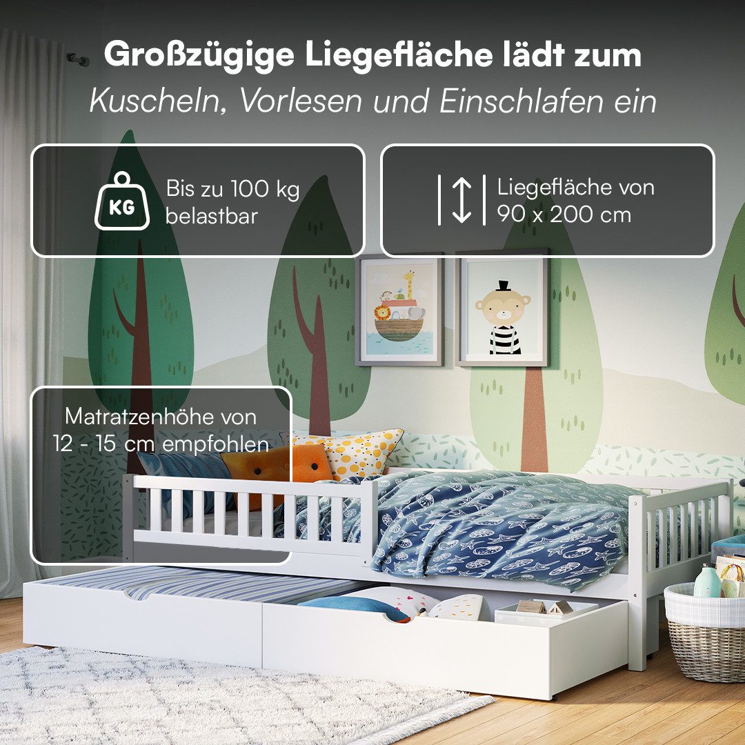 Bellabino Kinderbett Vils mit Lattenrost und Rausfallschutz 90x200 cm (weiß, mit großer Schublade, optional mit Matratze), aus Kiefer Massivholz