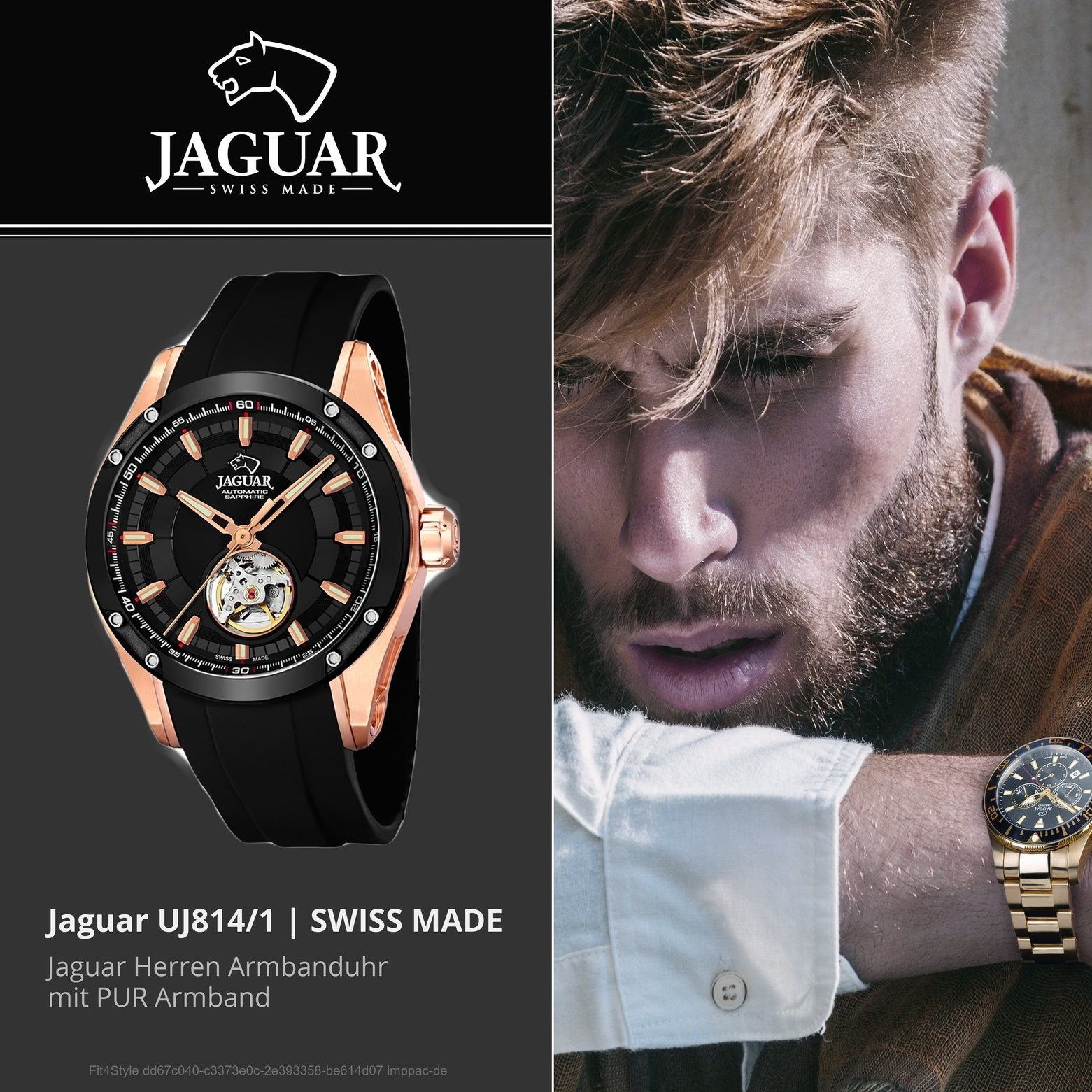 PURarmband Automatik JAGUAR Uhr Herren rund, Herren Armbanduhr schwarz, PUR, Jaguar Elegant J814/1 Quarzuhr