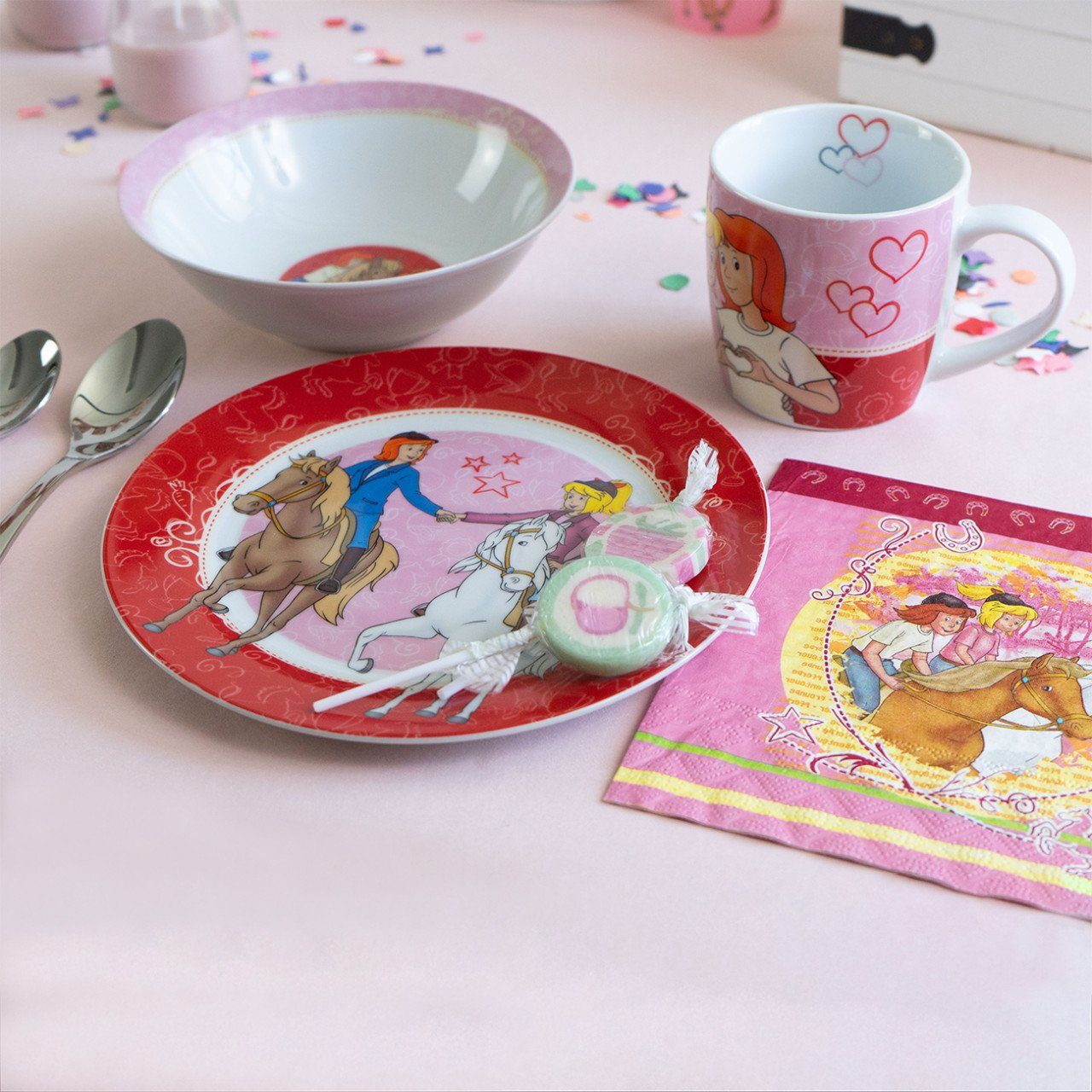 Geda Labels GmbH Kindergeschirr-Set Bibi & Tina 3-teilig (3-tlg), Porzellan, Rosa, 24x9,8x14,5, spülmaschinengeeignet