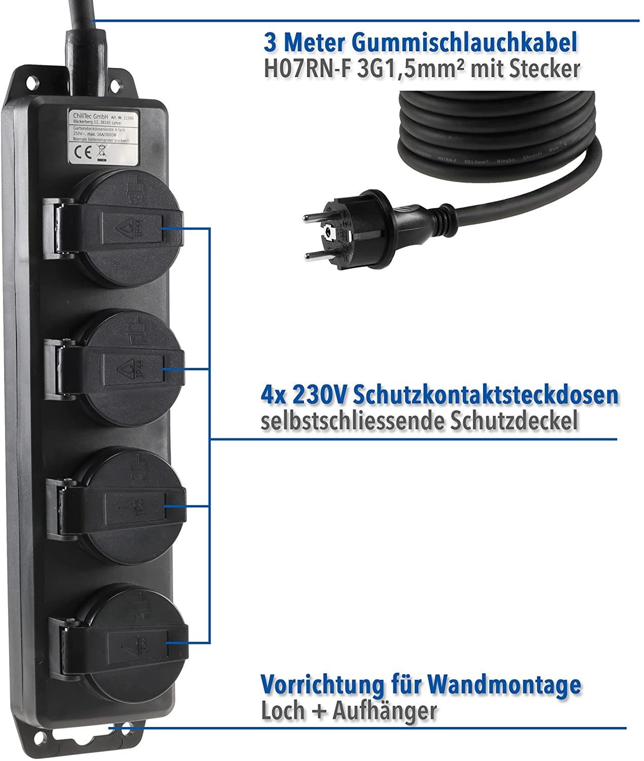 und IP44 3m 4-fach ChiliTec Außen Kabel Innen Steckdosenleiste Gartensteckdose für ChiliTec