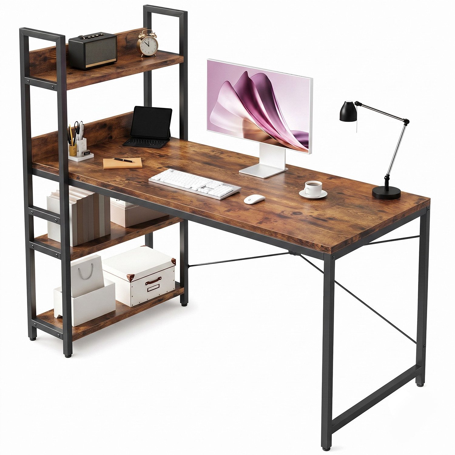 Refined Living Computertisch Schreibtisch Gaming tisch Computertisch Bürotisch 50x80/100cm 120/140 (Schreibtisch mit Seitlichem Regal & Verstellbaren Füßen, Officetisch, PC-Schreibtisch mit Stauraum & Bücherregal, Eckschreibtisch mit Regal), PC Laptop Tisch für Büro Arbeitszimmer Wohnzimmer Homeoffice braun
