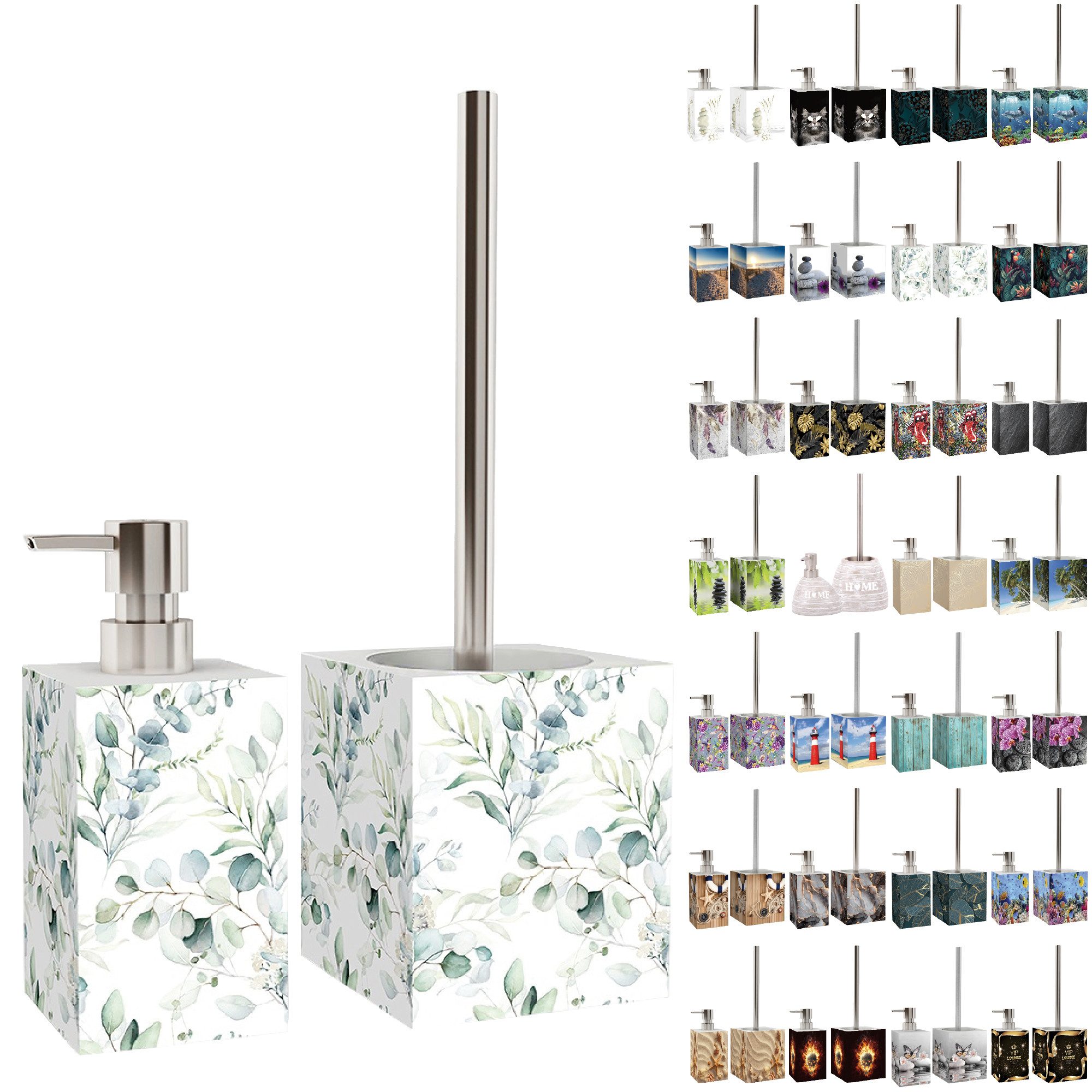Sanilo Badaccessoire-Set mit Motiv, viele schöne Seifenspender und WC Bürsten zur Auswahl, Klobürste mit auswechselbaren Bürstenkopf, 2 tlg., 2-tlg., Desinfektionsspender mit stabiler Pumpe, hochwertig & modern