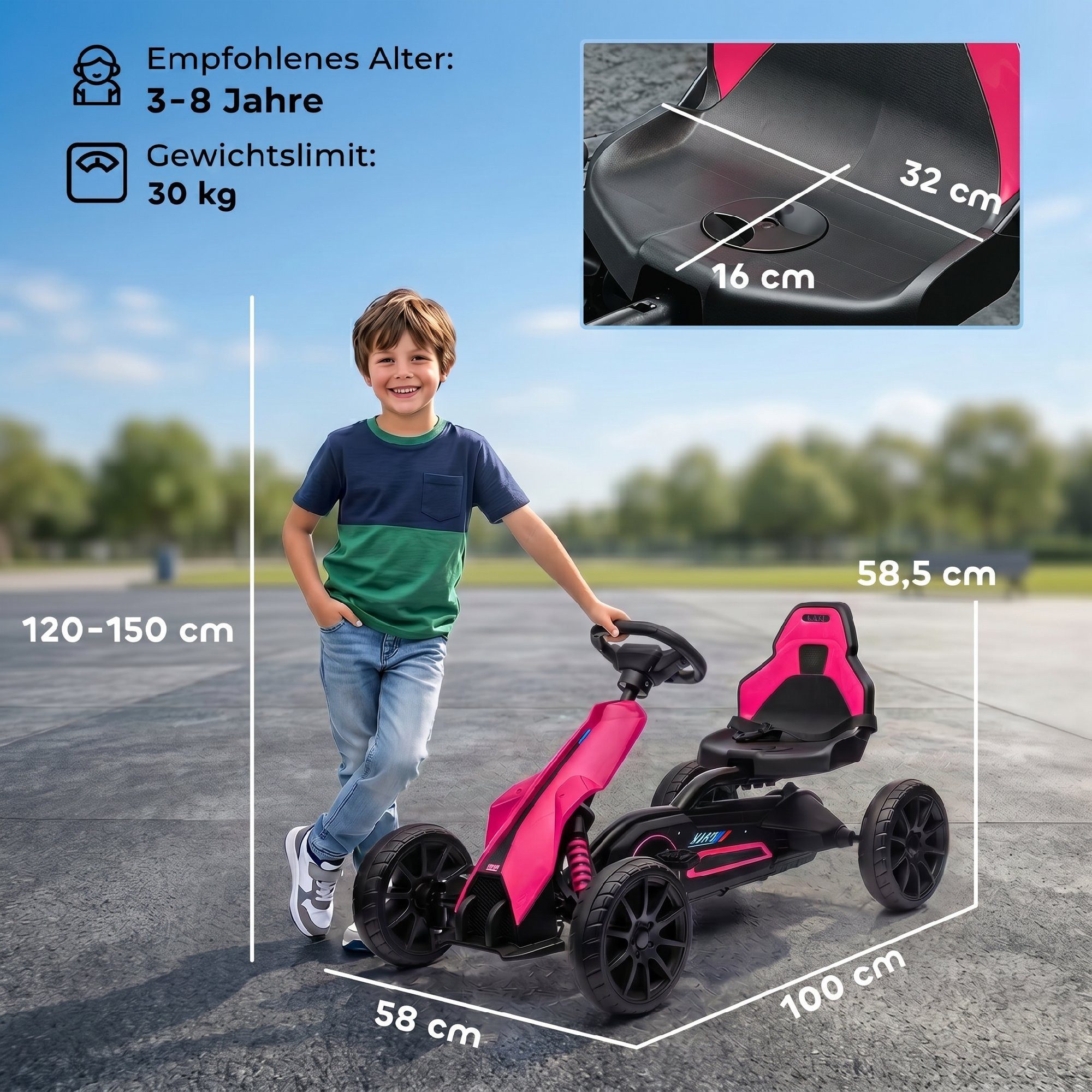 HOMCOM Go-Kart Tretauto mit Handbremse, verstellbarem Sitz, Tretfahrzeug, für Kinder, Rosa