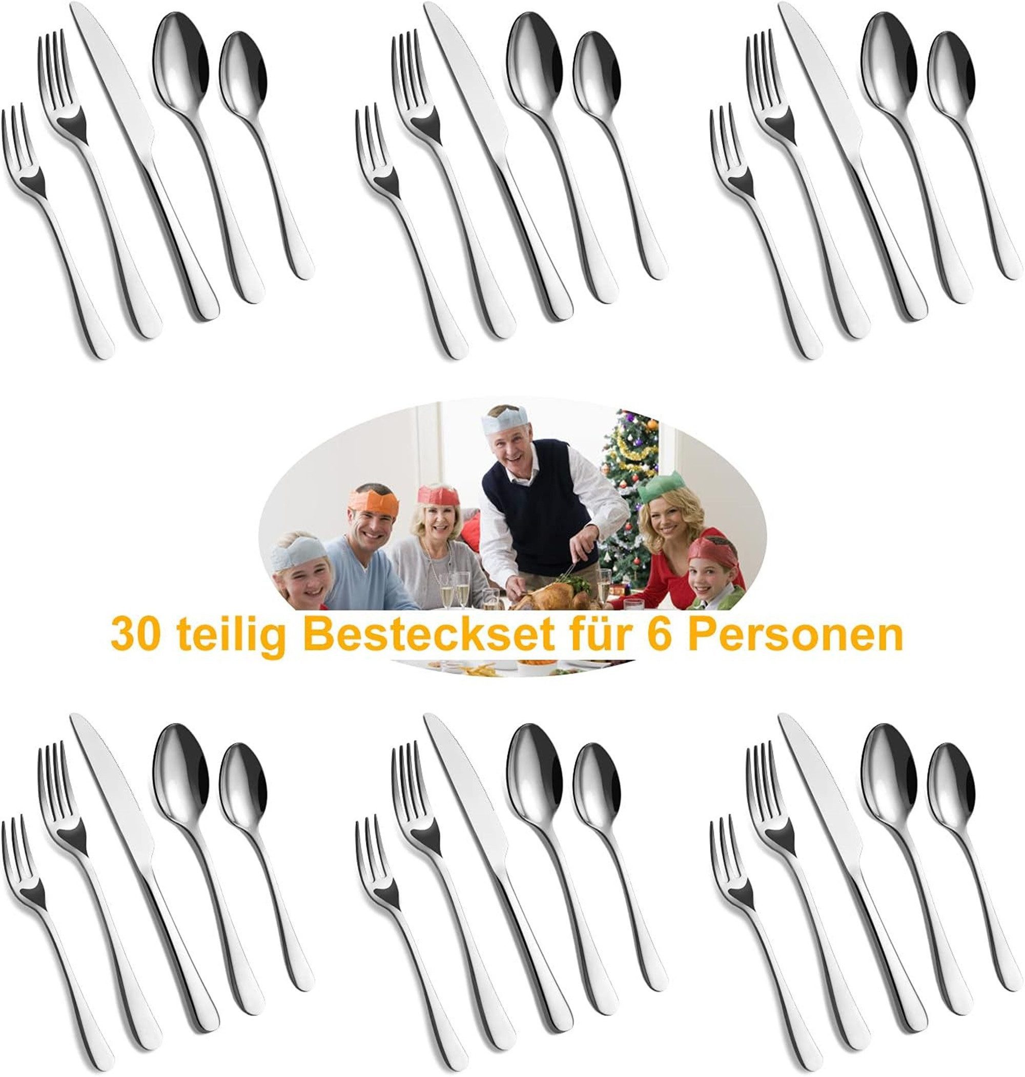 Fyrove Besteck-Set 30-teiliges Edelstahl Besteckset Spülmaschinenfest, 36 Personen, Modern Silber für 6 Personen – Bild 5 von 5