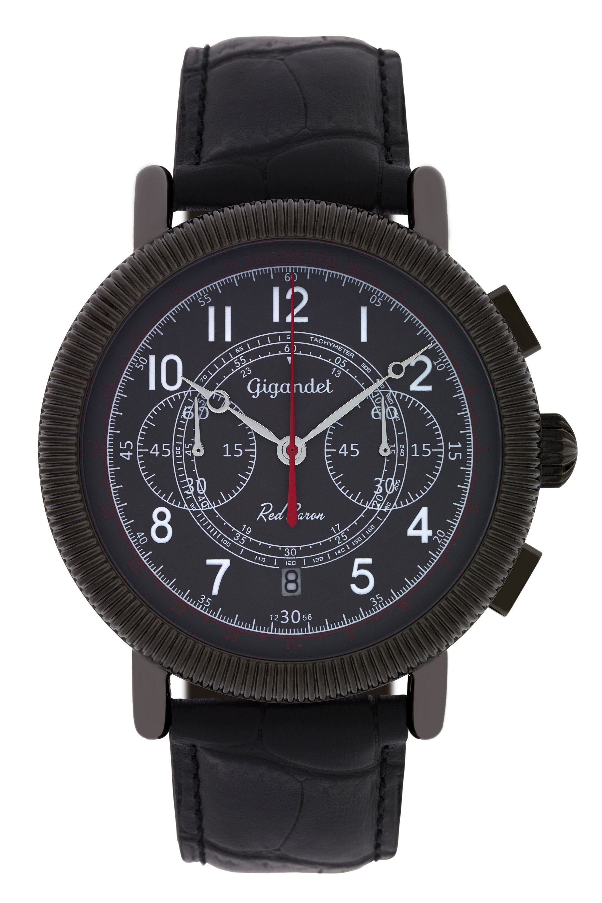 Gigandet Armbanduhr, Herrenuhr, Fliegeruhr, 46mm, RED BARON IV G19-002, Mineralglas, Datumsanzeige, Lederband, 10bar/100m wasserdicht