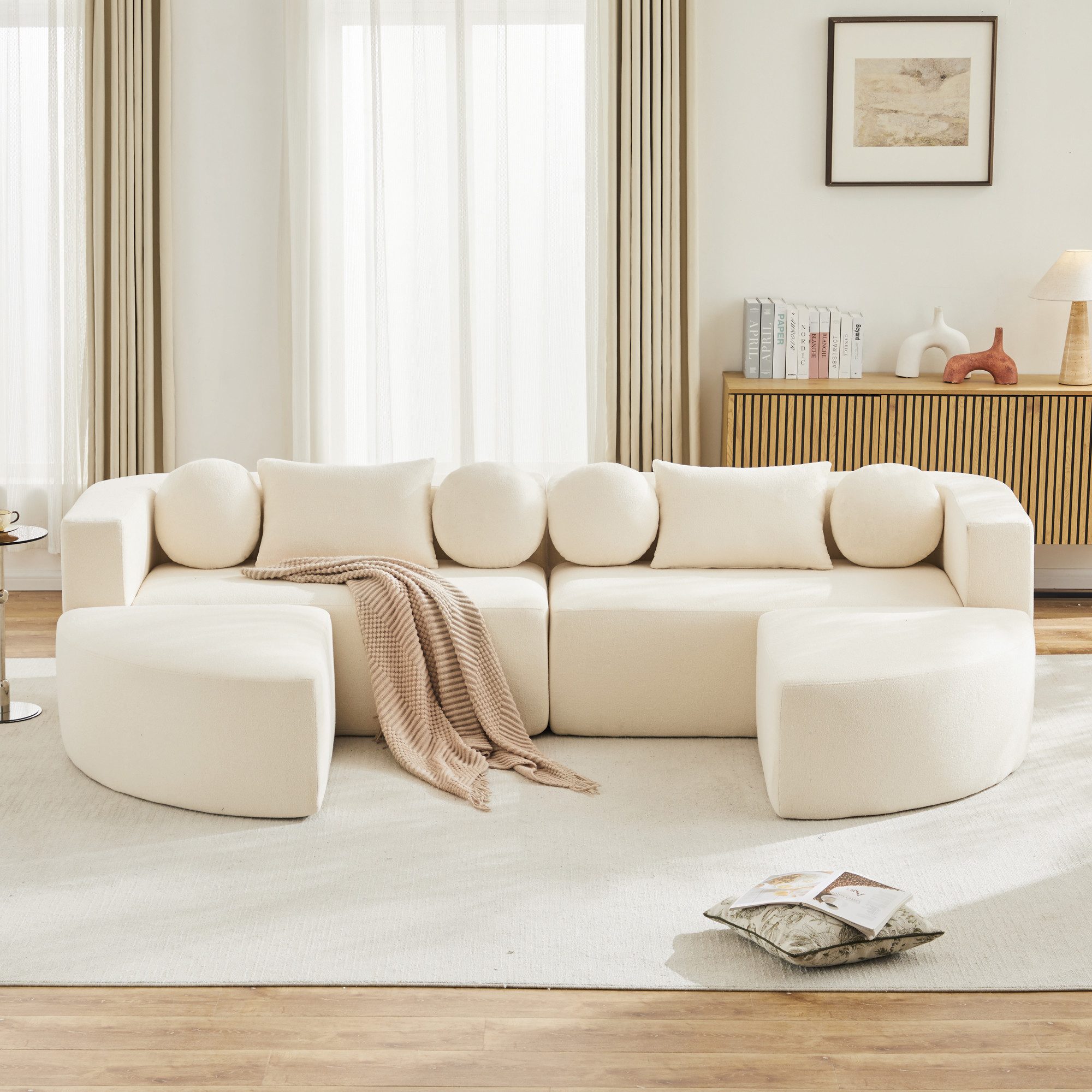 Merax Ecksofa 4-Sitzer Sofa, U-förmiges Modulare Schlafcouch mit Schlaffunktion, 1 Teile, Vollkomprimierte Cloud Couch, Chenille Soffa, Ohne Montage