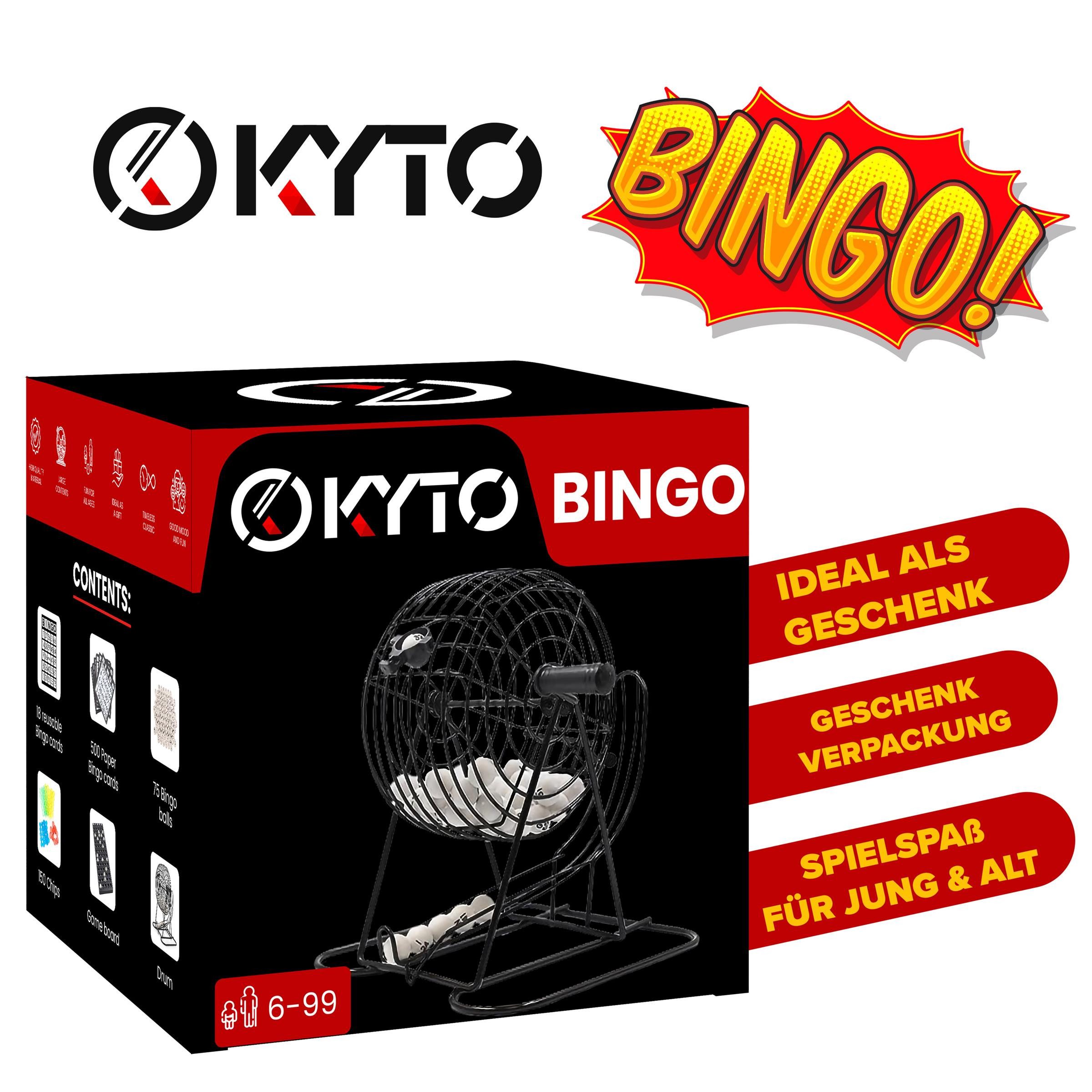 Kyto Spiel 18 Bingotickets 75 Bingo Kugeln 150 Chips Spielbrett + 500 Bingokarten, Bingospiel