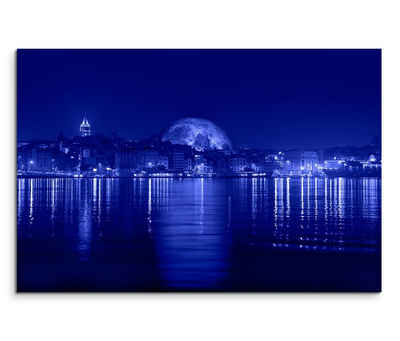 Sinus Art Leinwandbild 120x80cm Wandbild Istanbul Galataturm und -brücke Bosporus Nacht