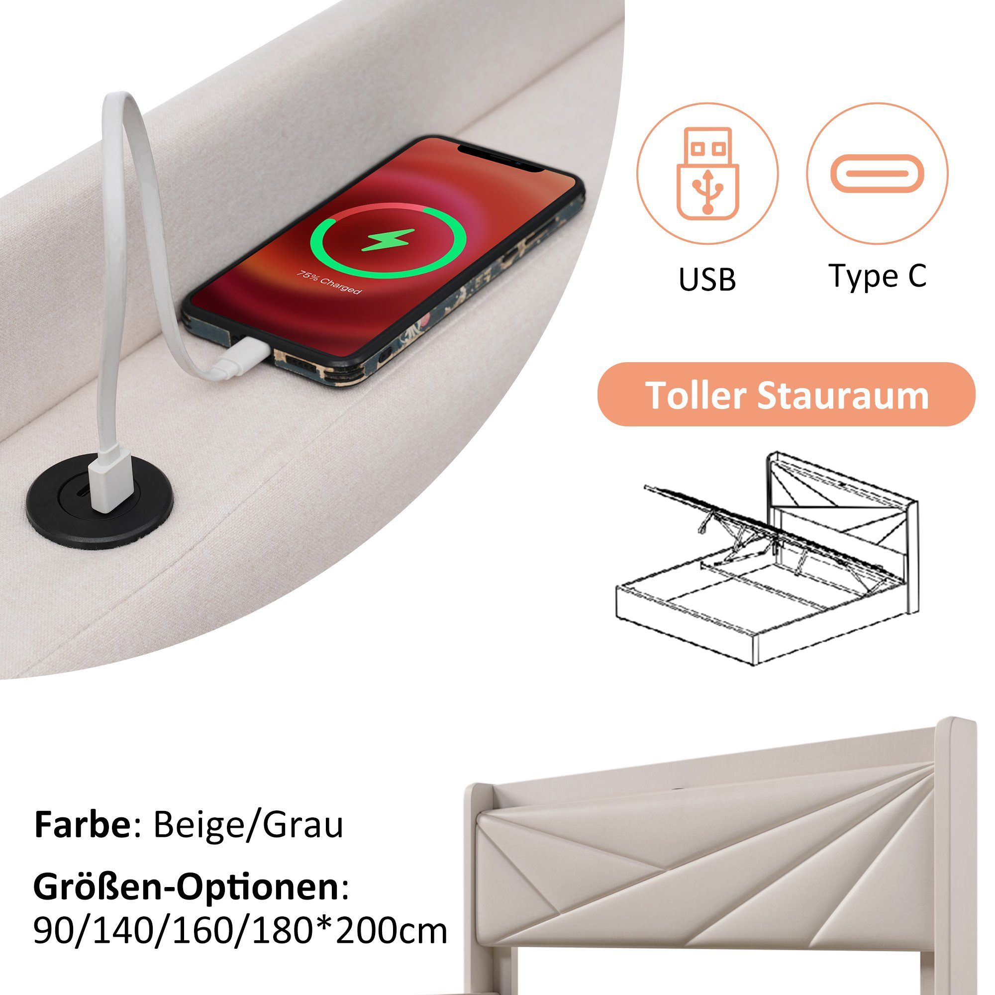 mit WISHDOR USB/Typ-C Jugendbett Beige Stauraumbetten Ladeanschluss Beige Stauraumbett | Massivholz Bettgestell Matratze), aus lattenrost(Ohne (90x200 mit Polsterbett Leinenmaterial