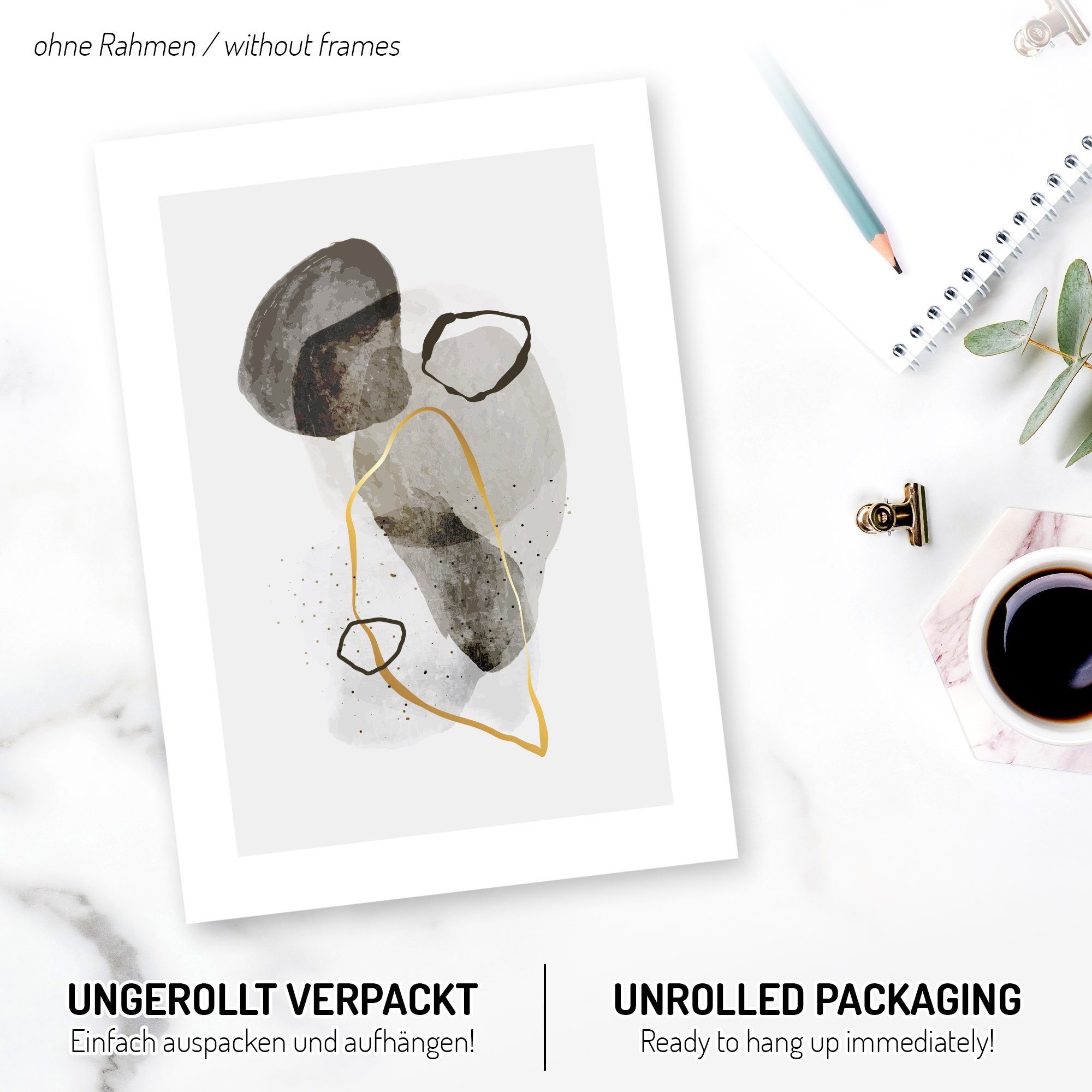 Kreative Feder Poster Abstrakt Grau, Abstrakt (Set, 3 St), 3-teiliges Poster-Set, Wandbild, optional mit Rahmen, DIN A4 oder A3