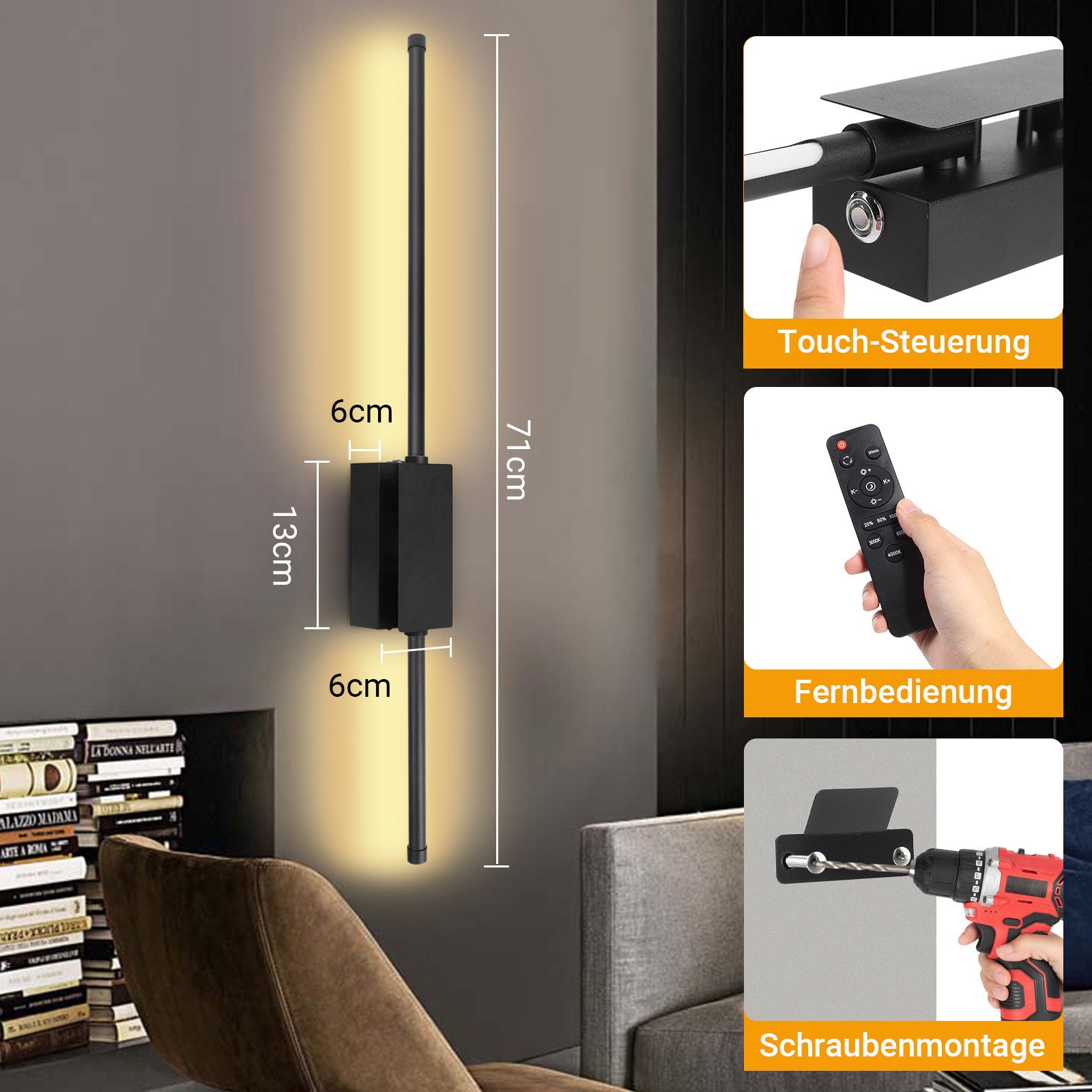Rosnek LED Wandleuchte LED Akku Wandleuchte Innen Kabellos 360° Drehbar Dimmbar Fernbedienung, LED wechselbar, 5000mAh Batterie Wandlampe Schwarz Set 1/2 für Wohnzimmer, Flur