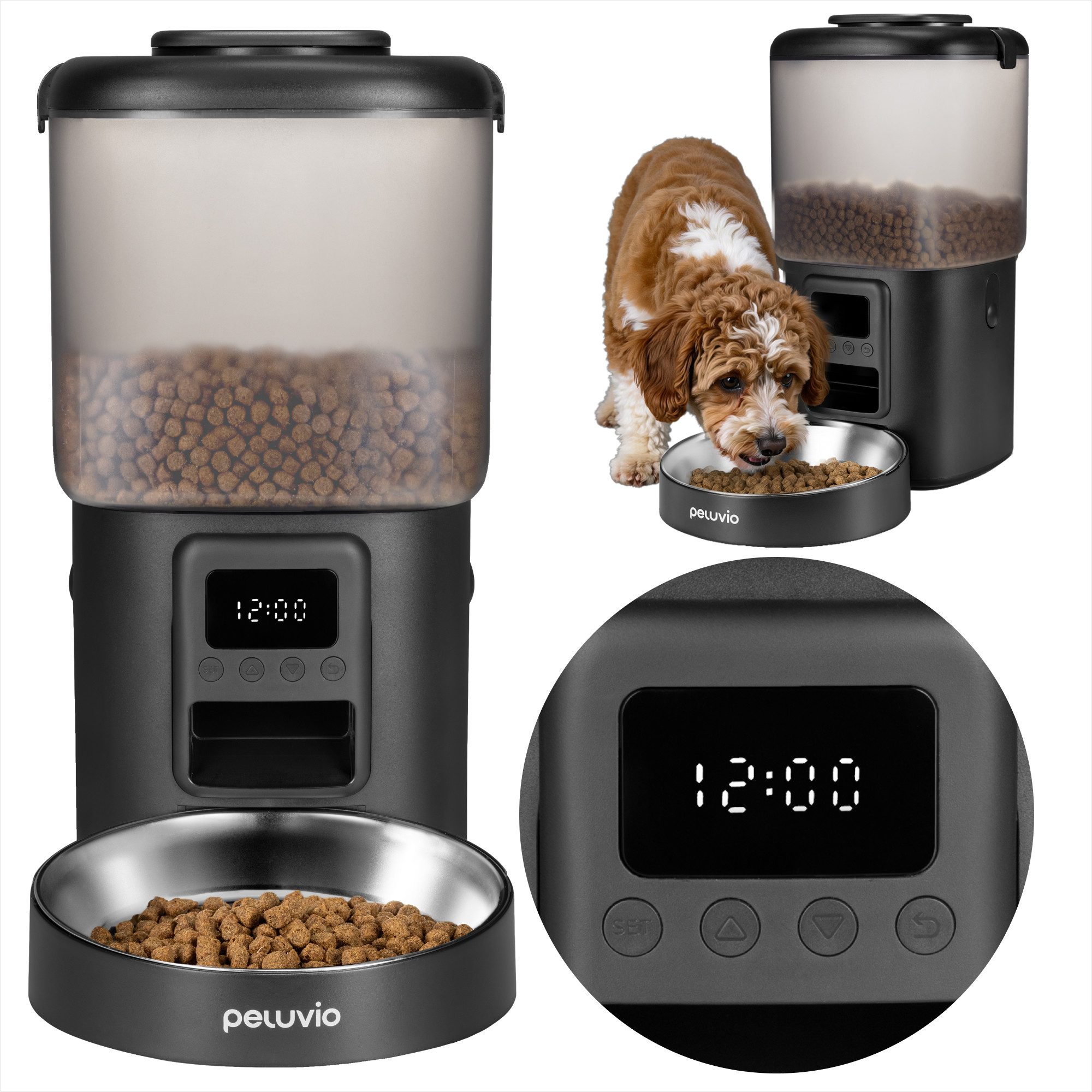Peluvio Hunde-Futterautomat CRISPY DOG, 4,5L Vorrat / LCD-Display / Bedienfeld / Batterienotbetrieb
