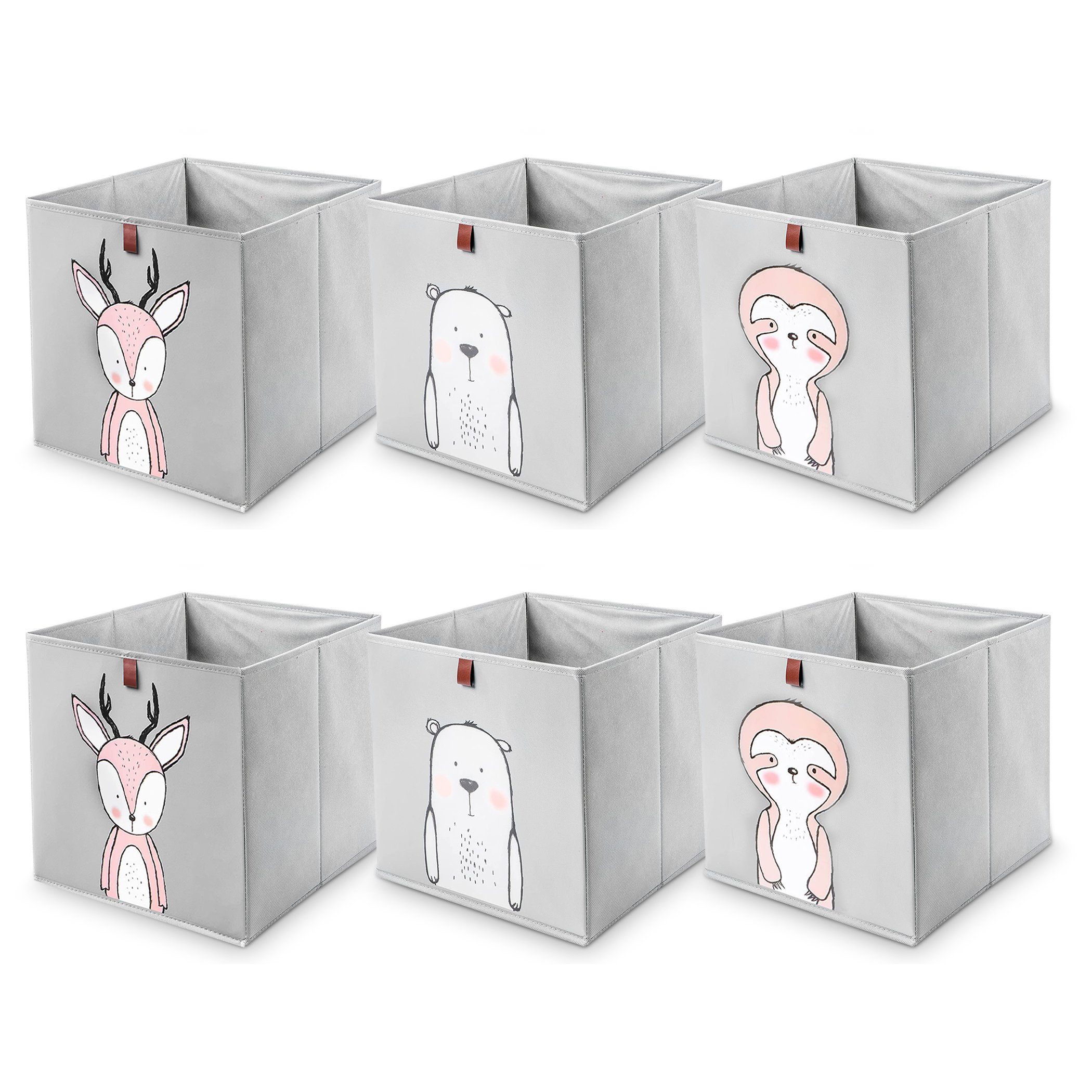 Centi Faltbox Aufbewahrungsboxen Kinder, Kallax Boxen mit Schlaufe zum Herausziehen (Spar Set, 6 St., 33x33x33 cm), mit 3 Motiven, stabil und abwaschbar, grau