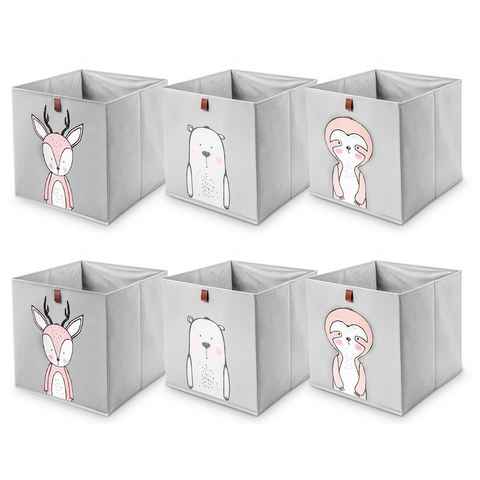Centi Faltbox Aufbewahrungsboxen Kinder, Kallax Boxen mit Schlaufe zum Herausziehen (Spar Set, 6 St., 33x33x33 cm), mit 3 Motiven, stabil und abwaschbar, grau