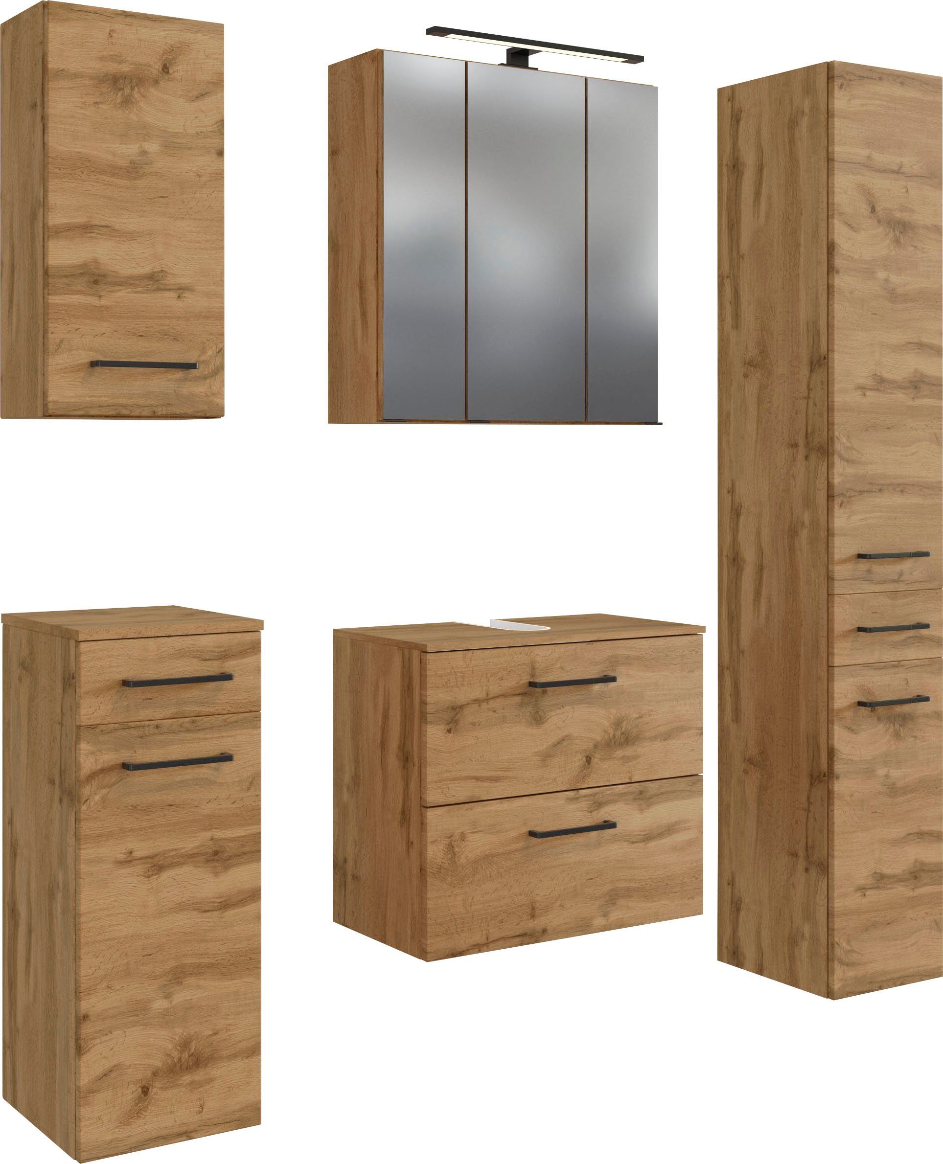 welltime Badmöbel-Set Chicago, (5-St., Spiegelschrank, Unterbeckenschrank, Hängeschrank, Unterschrank etc)