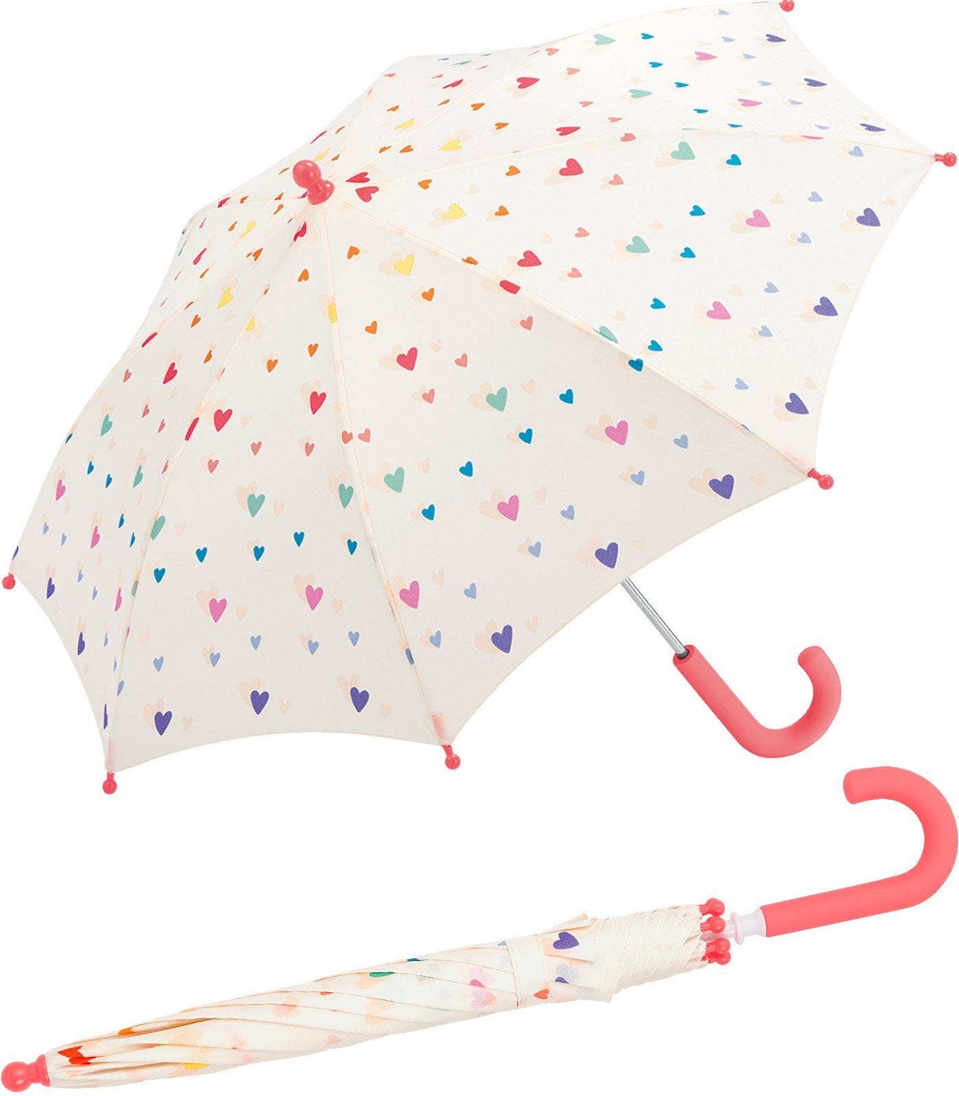 Esprit Stockregenschirm kleiner Stockschirm für bunten niedlichem, für mit Herzen-Design Kindergartenkinder, Mädchen
