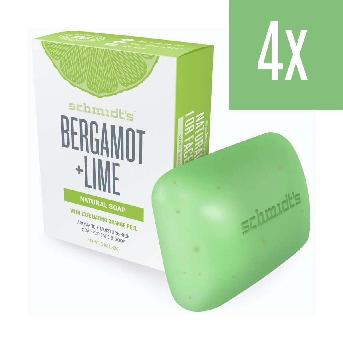 SCHMIDT'S Feste Duschseife Naturseife Bergamot + Lime für Körper und Gesicht 142gr., 4-tlg.
