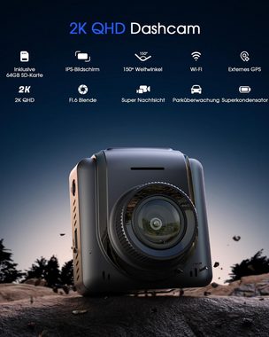 Avylet Dashcam Auto WiFi 2K, Mini Vorne Autokamera Unterstützt externes GPS Dashcam (WLAN (Wi-Fi), APP,IPS-Bildschirm,Bewegungserkennung,G-Sensor, Ultra Nachtsicht,170°Weitwinkel,WDR,24 Std.Parkmodus)