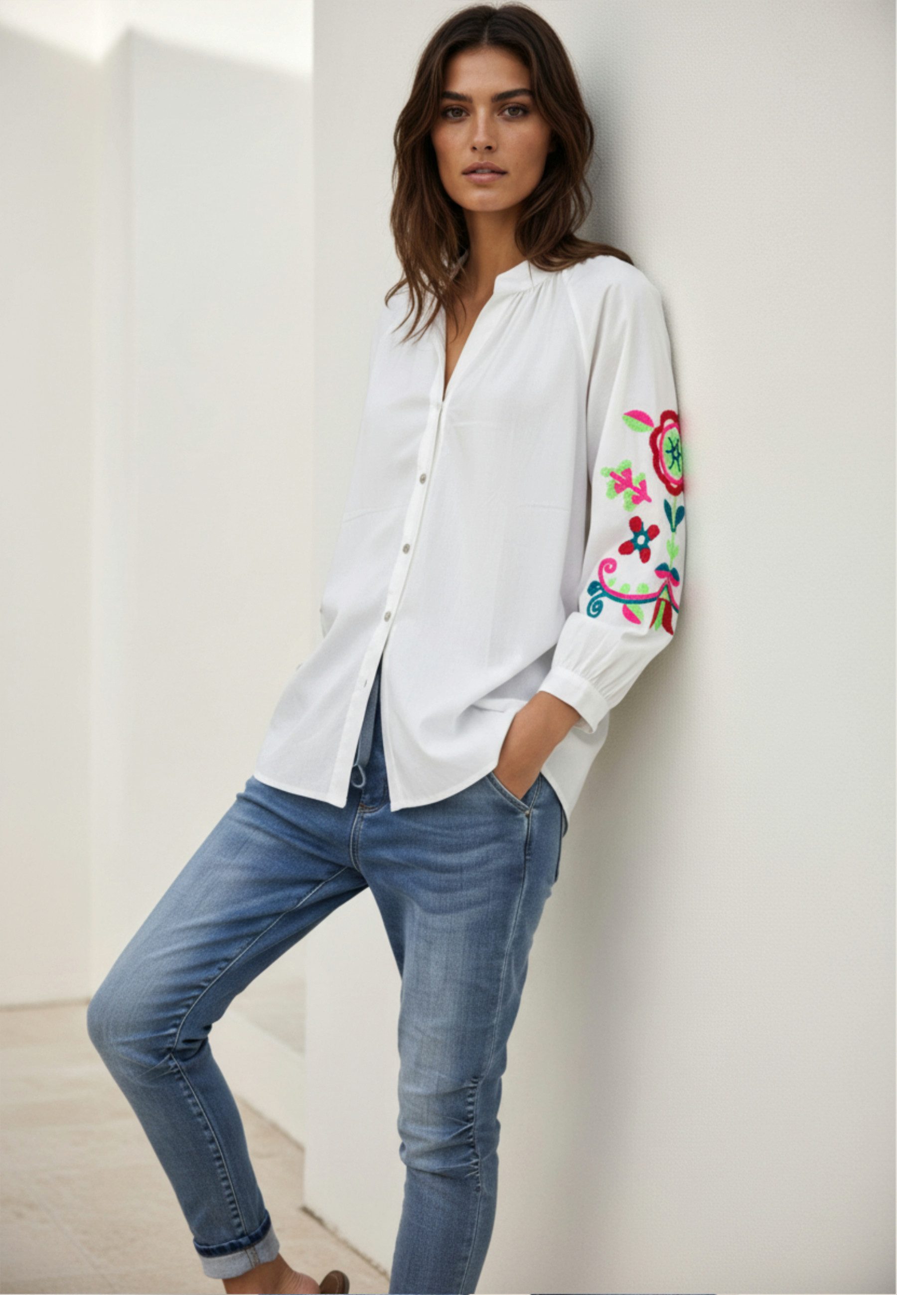 Andijamo-Fashion Hemdbluse SUMMER FOLK Baumwollbluse mit Stickerei