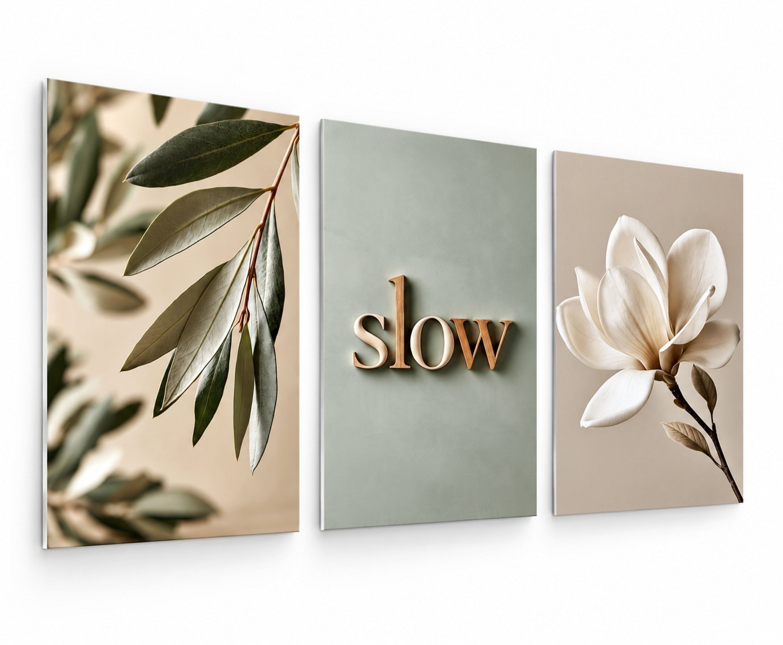 artissimo Mehrteilige Bilder Bilderset 3er-Set, Wandbilder-Set, Bilderwand, Wanddeko Japandi, Blumen und Blüten: Magnolie und Blätter in Beige und Grün