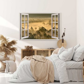 Sinus Art Leinwandbild Wandbild 120x80cm Fensterbild Wald Nebel Bäume Natur Sonnenuntergang, (1 St)