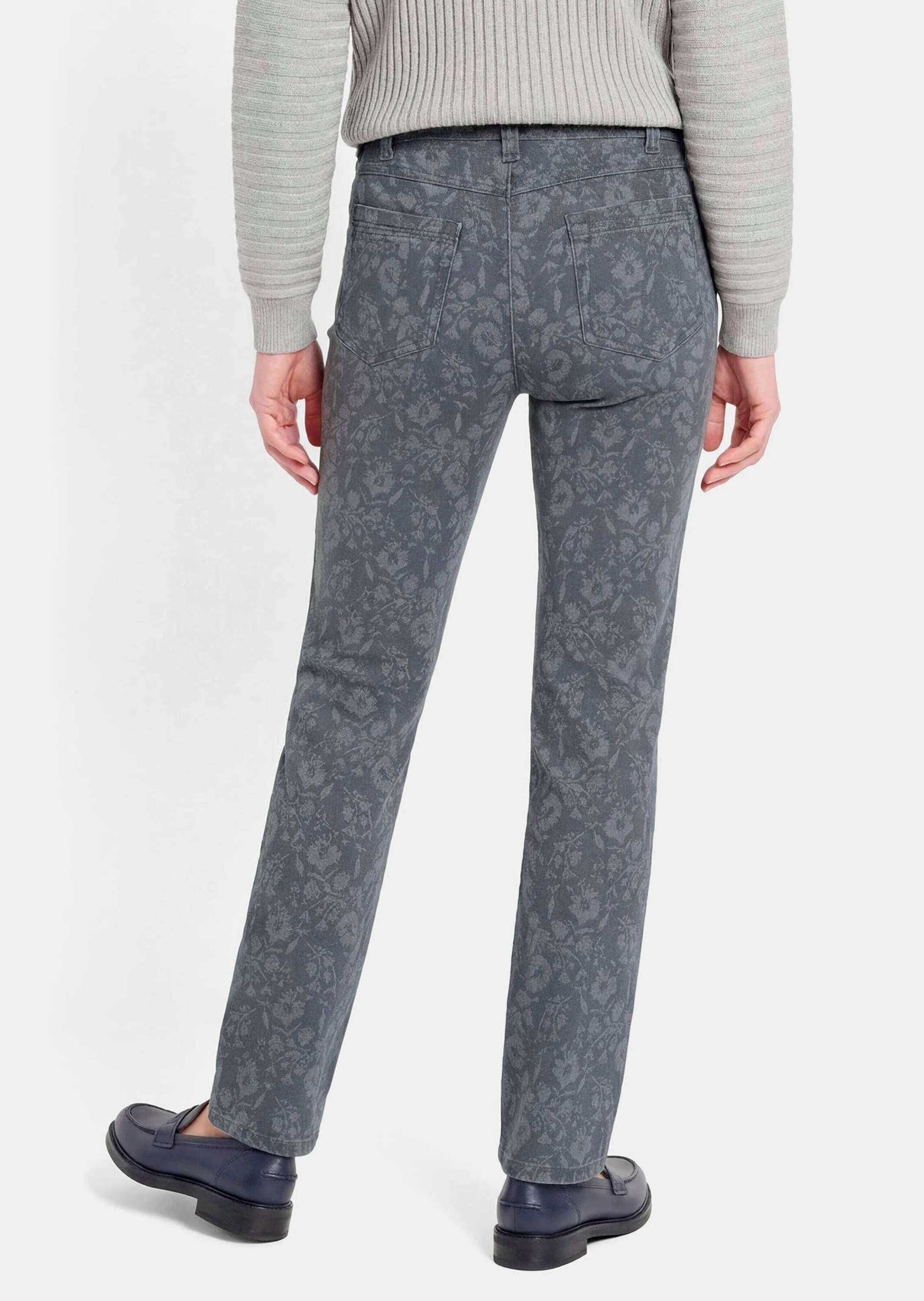 GOLDNER 5-Pocket-Jeans Slim Fit Jeans LOUISA mit Blumendruck 4-Pocket-Jeans,Teildehnbund, Gürtelschlaufen, bedruckter Denim