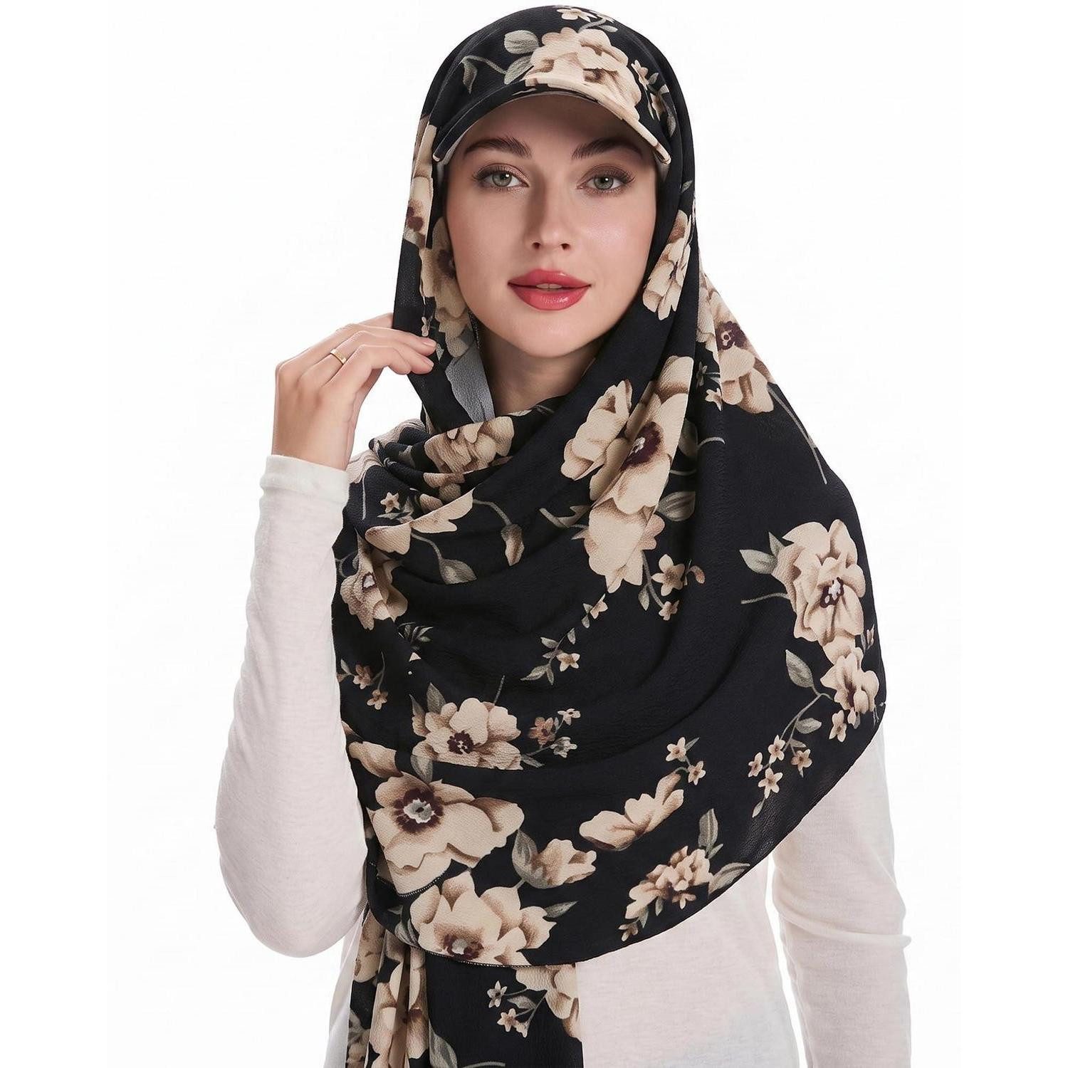LuxusKollektion Turban Hijab Schal mit Schirm Blumen Schwarz, (1-St)