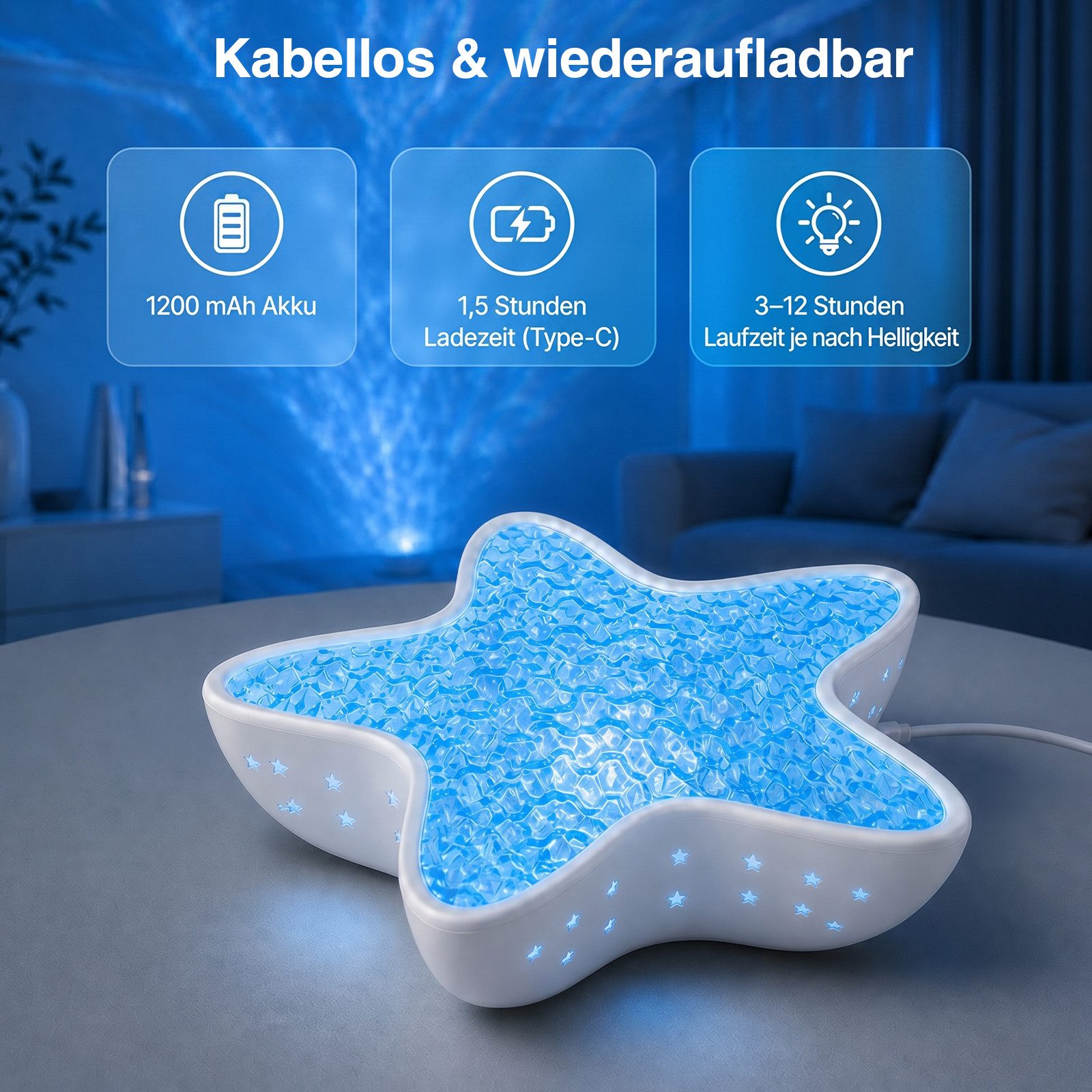 ANYSUN LED-Sternenhimmel Projektor Seestern Sternenprojektor Lampe mit 7 Lichtmodi, stufenlos dimmbar, 1200 mAh Akku, LED fest integriert, USB-C wiederaufladbar Nachtlicht für Kinder Erwachsene, Schlafzimmer