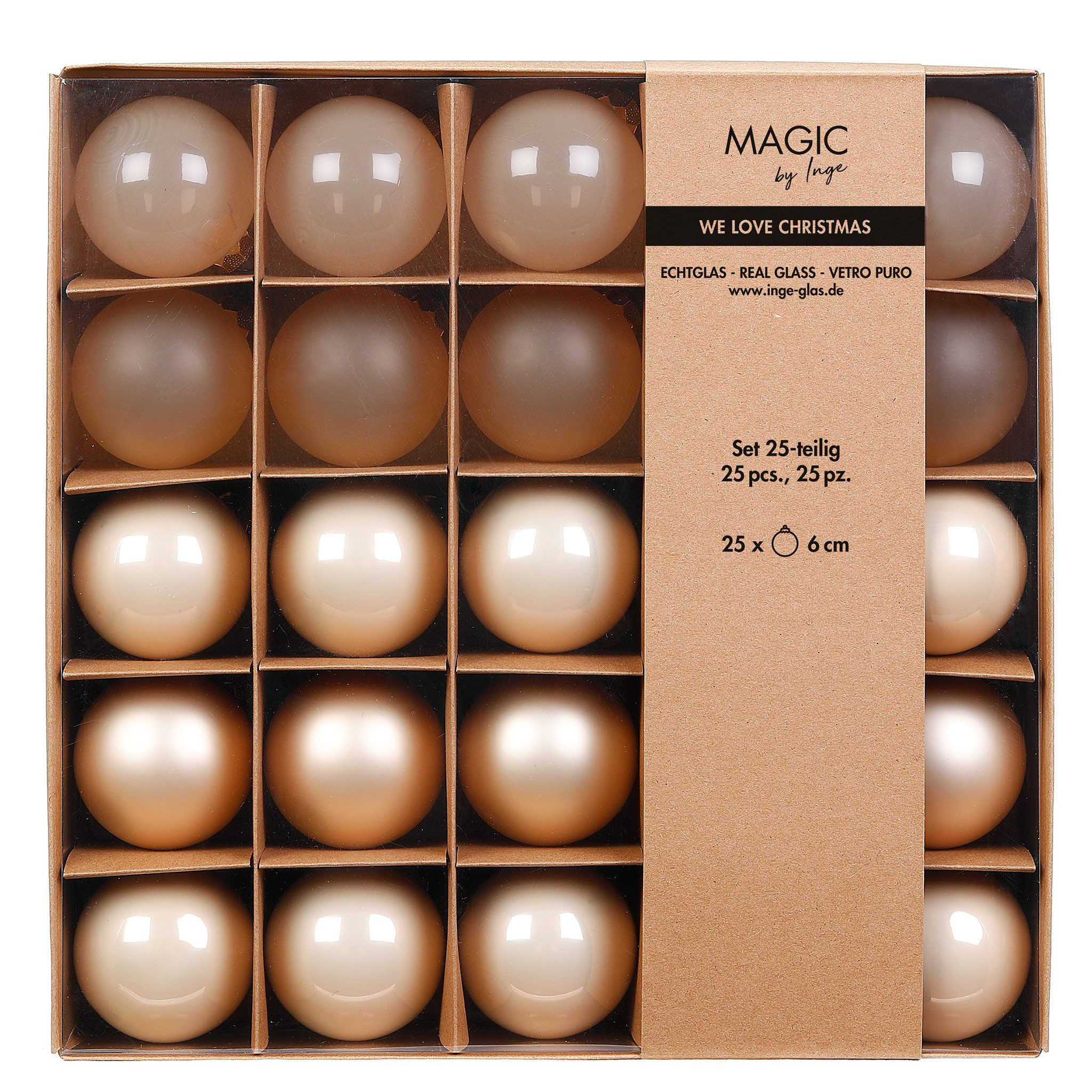 MAGIC by Inge Weihnachtsbaumkugel, Weihnachtskugeln Glas 6cm 25er Set - Champagne teils transparent