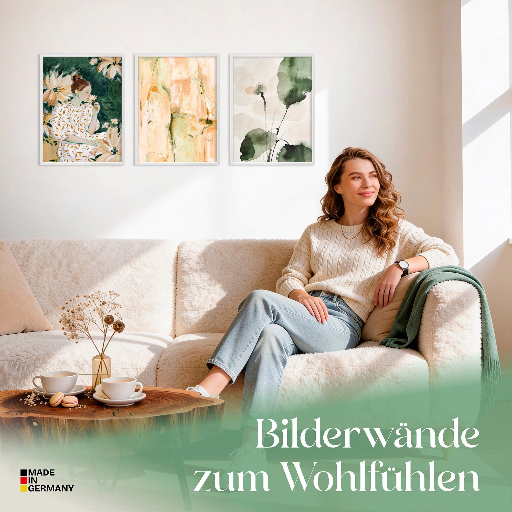 ARTFAVES Bilder-Collage Poster Set Abstract Green Elegance Trio I mehrteilige Bilderwand I Wan, (Wandbilder modern, 3 St)