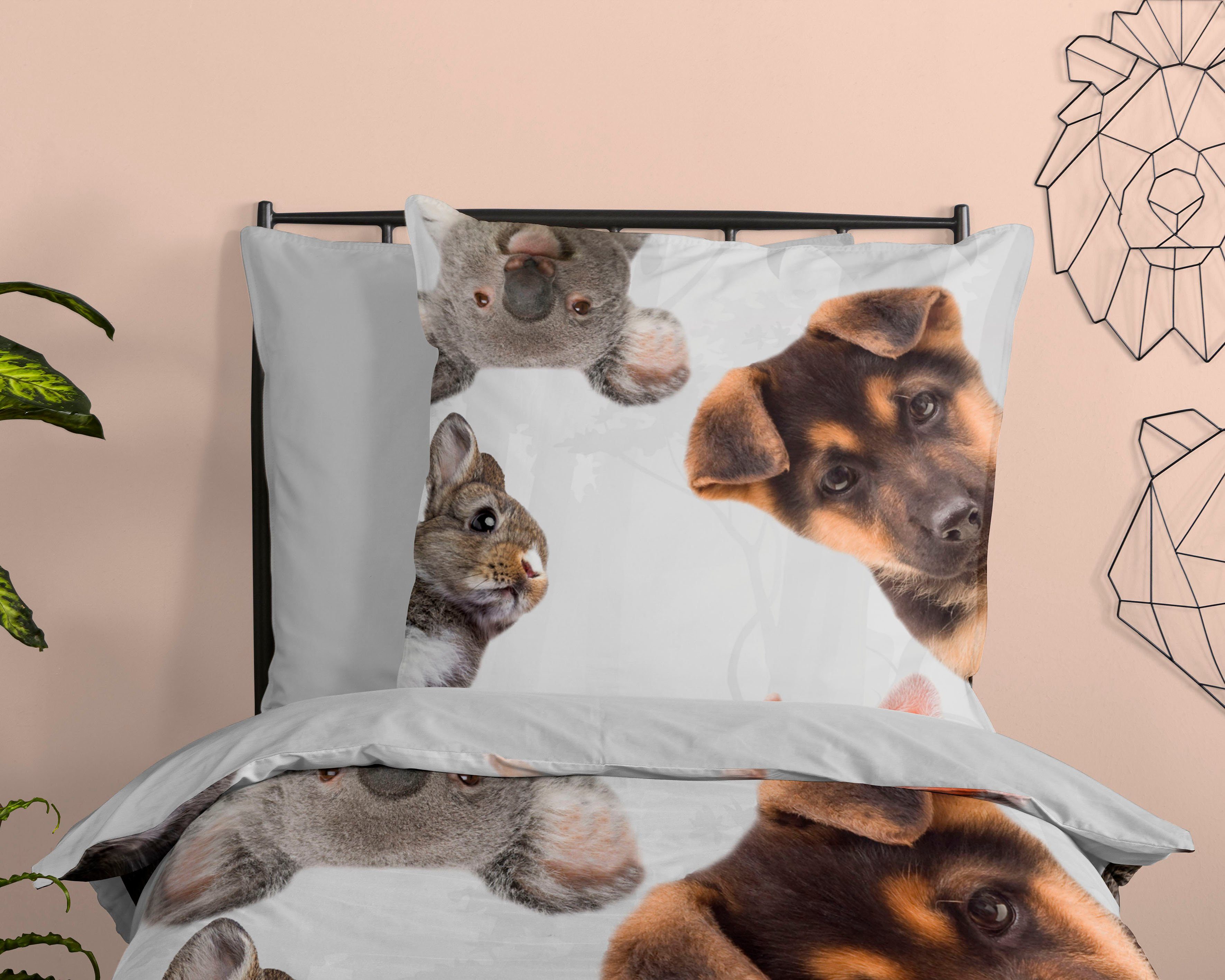 good morning Kinderbettwäsche Semmie, Renforcé, 2 teilig, 100% Baumwolle, 135x200, Reißverschluss, Wendeoptik, Kind, Tier