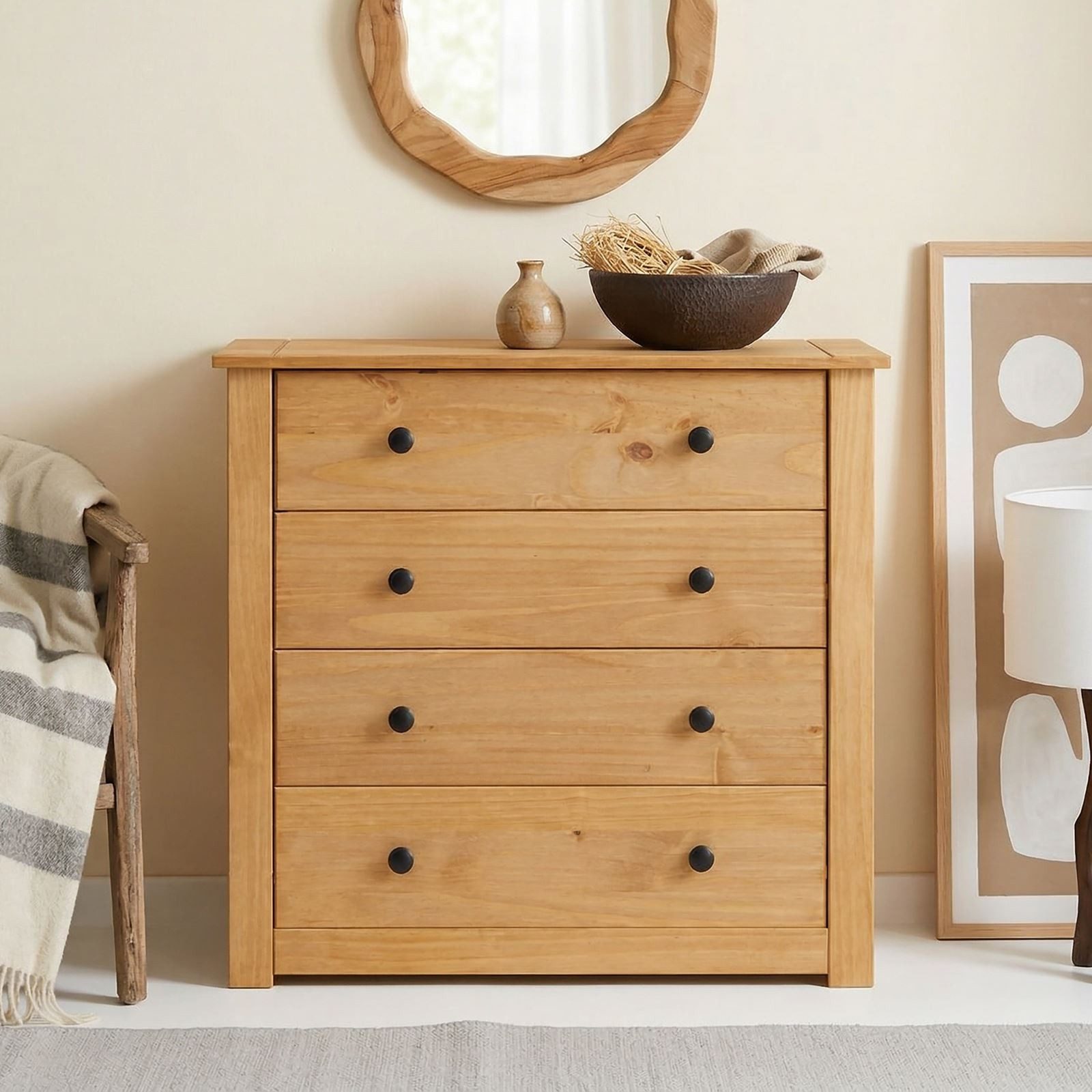 CARO-Möbel Kommode CANCUN, Sideboard aus Kiefer Massivholz 4 Schubladen Schlafzimmer Aufbewahrung