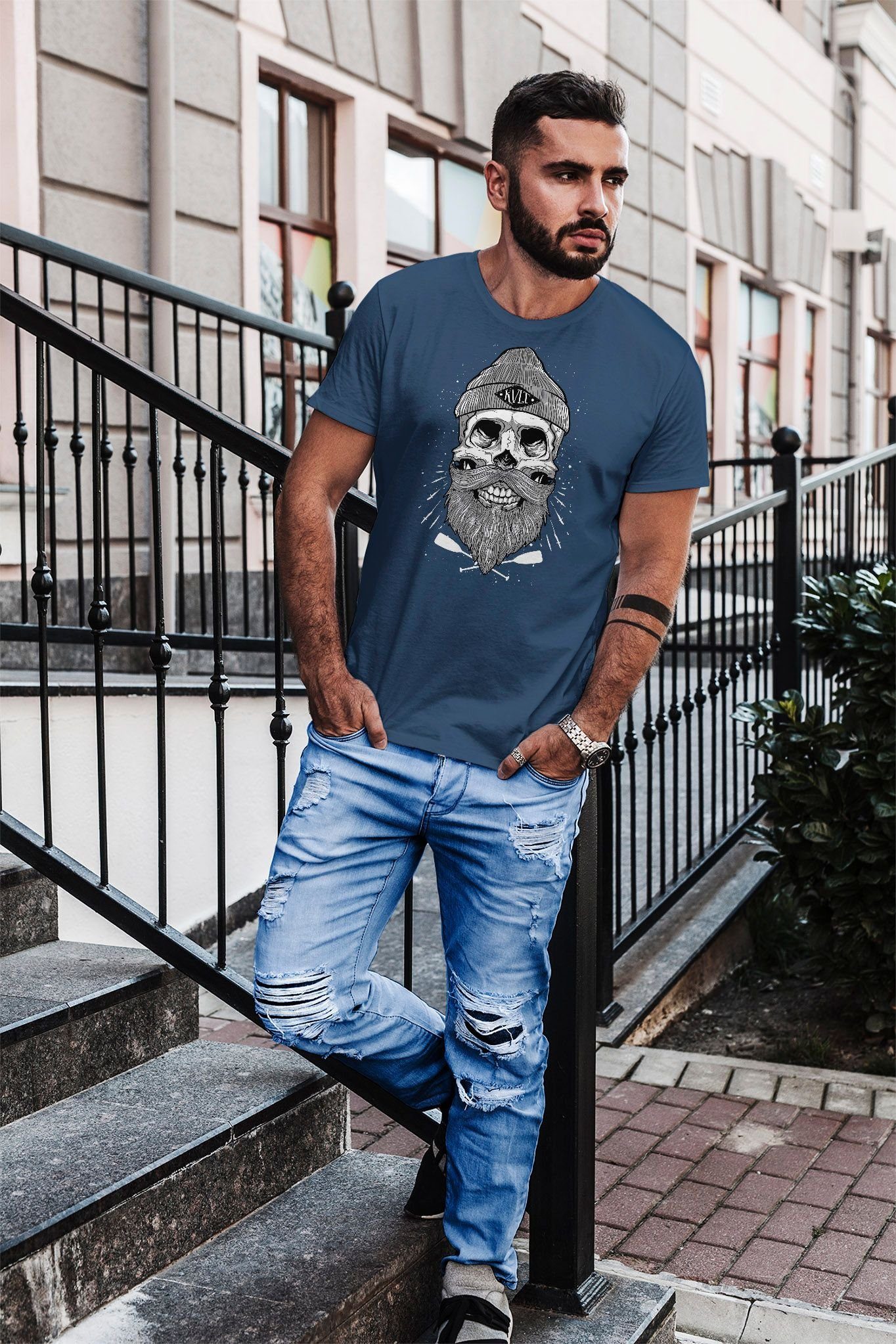 Totenkopf Neverless blau T-Shirt Herren Print Fit Captain Slim Bart Print-Shirt Beard Kapitän Neverless® mit Skull