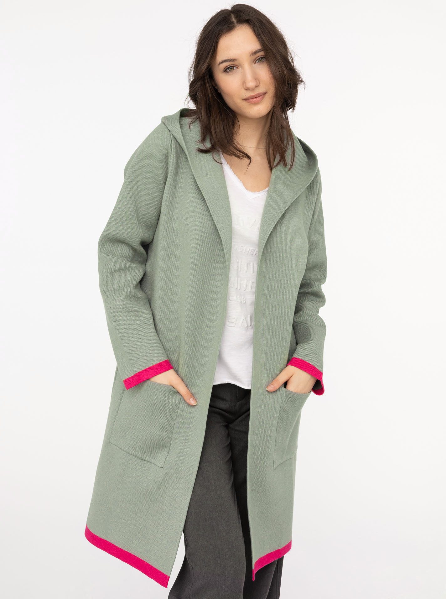 Zwillingsherz Strickjacke "Mona" Kapuze, Taschen, Kontrast-Kanten, Langarm, ohne Verschluss