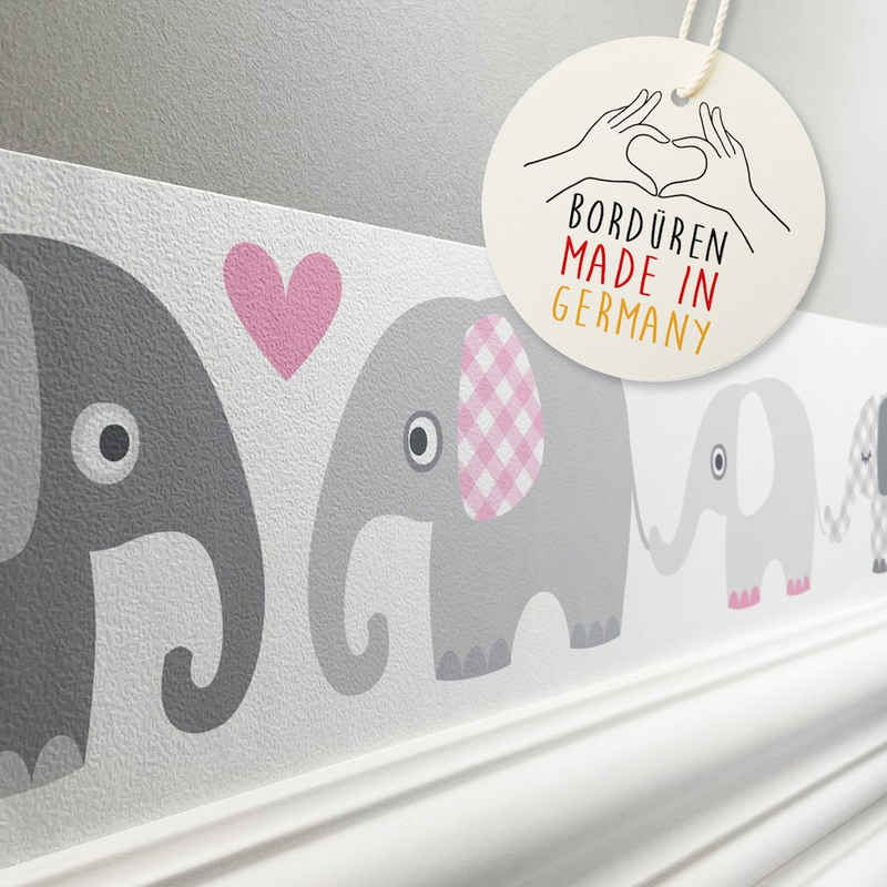 lovely label Bordüre Elefanten grau/rosa - Wanddeko Kinderzimmer, Leicht strukturiert, selbstklebend