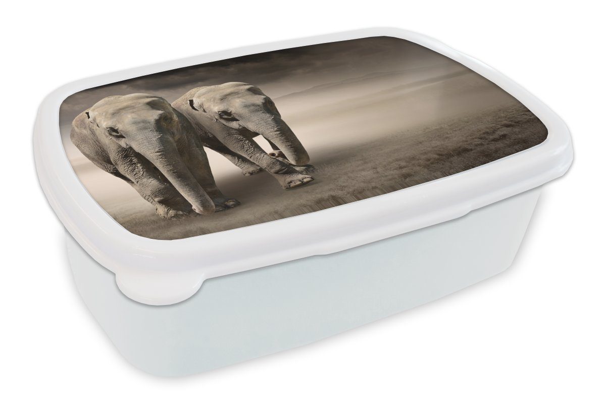 MuchoWow Lunchbox Elefant - Berg - Nebel, Kunststoff, (2-tlg), Brotbox für Kinder und Erwachsene, Brotdose, für Jungs und Mädchen weiß