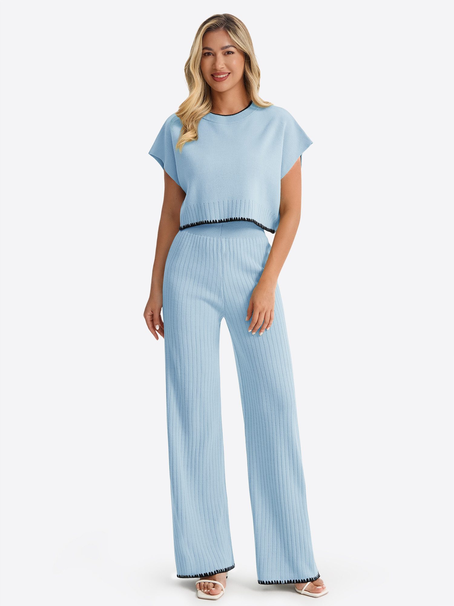 Imily Bela Hausanzug Damen 2-teiliges Strick-Set mit Kontrastbesatz (Set, 2 tlg., Rippstrick-Oberteil + Palazzo-Hose) mit KontrastpaspelDetails
