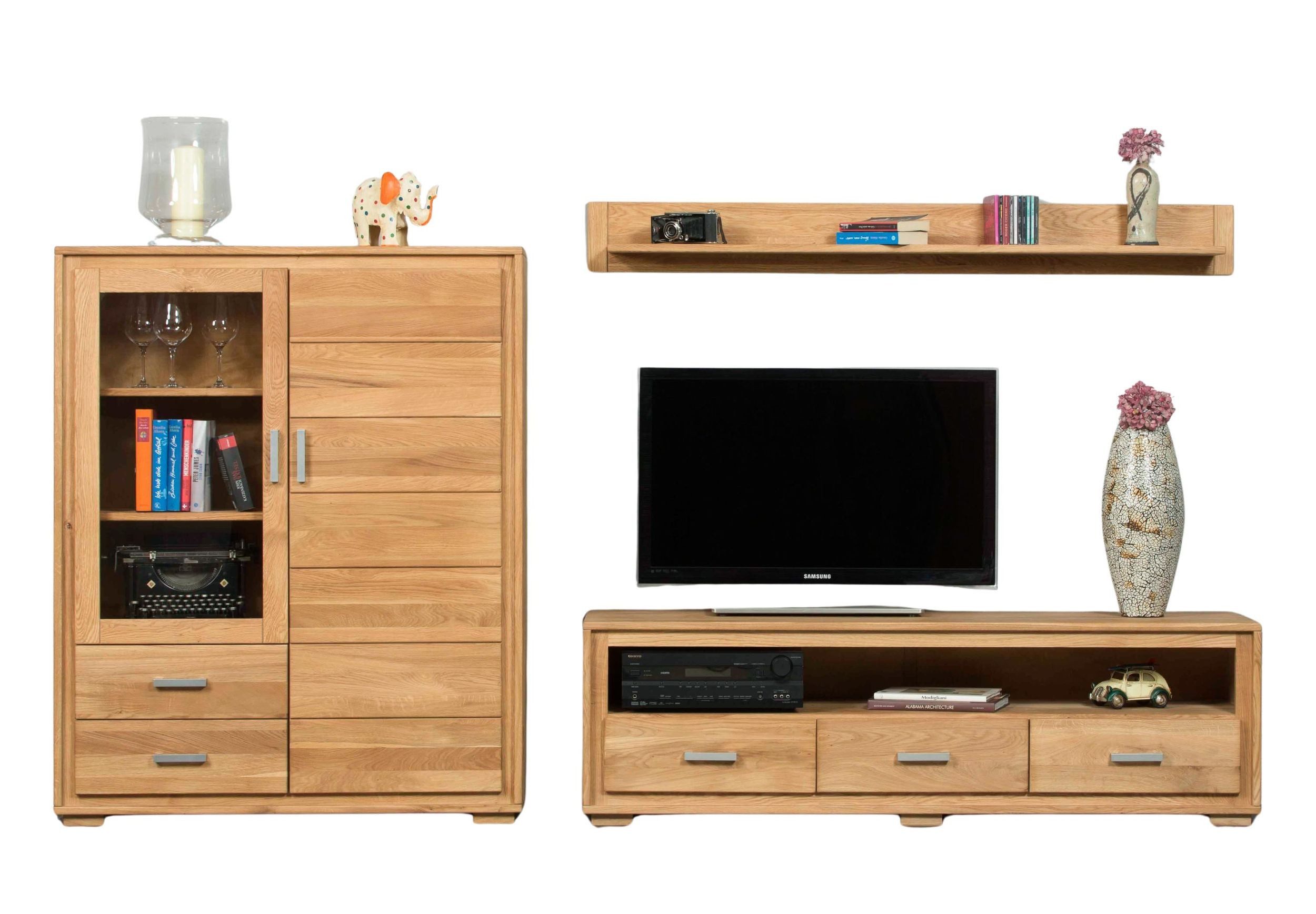 Trendmöbel24 Wohnzimmer-Set Wohnzimmerschrank Basel Set V 3-teilig Wildeiche Massivholz, (Komplett-Set, 3-St., Lowboard, Highboard, Wandboard)