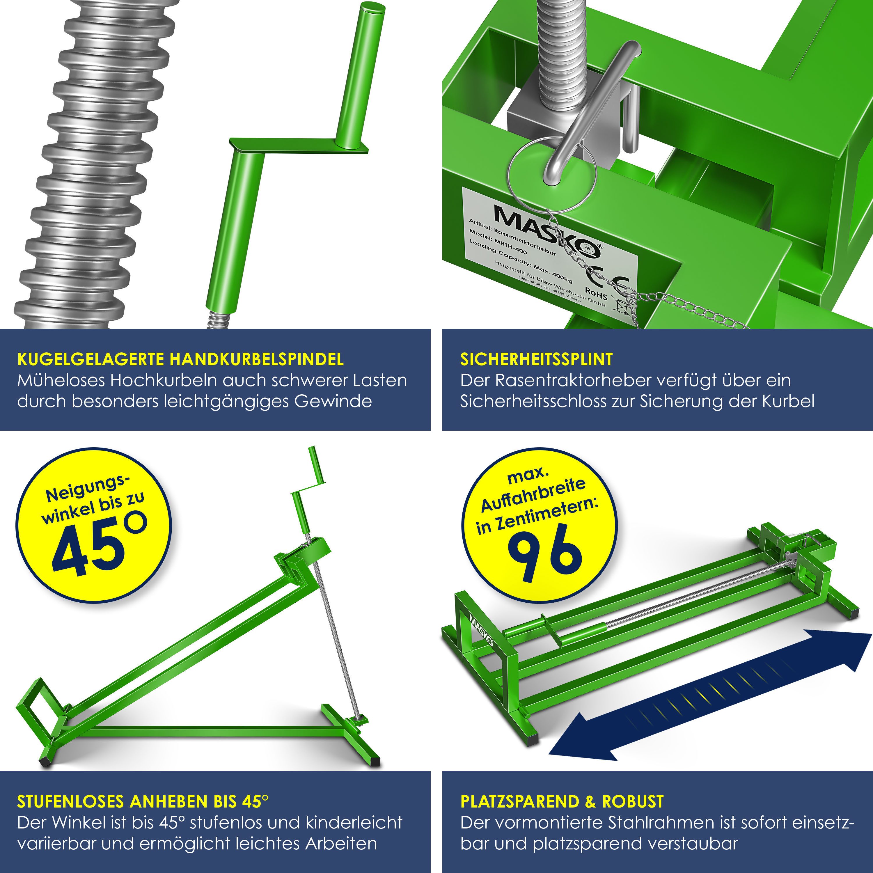 MASKO Rasentraktor Heber 450kg Hebevorrichtung für Aufsitzmäher inkl. Bürste, Rasentraktorheber, universelle Reinigungshilfe, Hebebühne für Quad