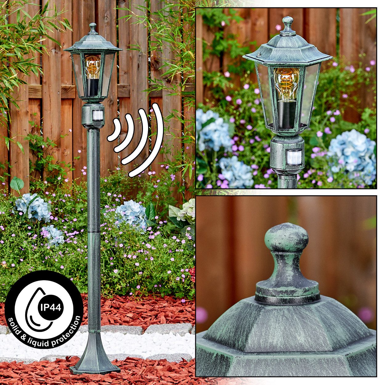 hofstein Pollerleuchte Wegeleuchte m. Bewegungsmelder aus Metall/Glas in Schwarz-Grün/Klar, ohne Leuchtmittel, antike Außenleuchte, Gartenlampe, Gartenbeleuchtung IP44, 1 x E27
