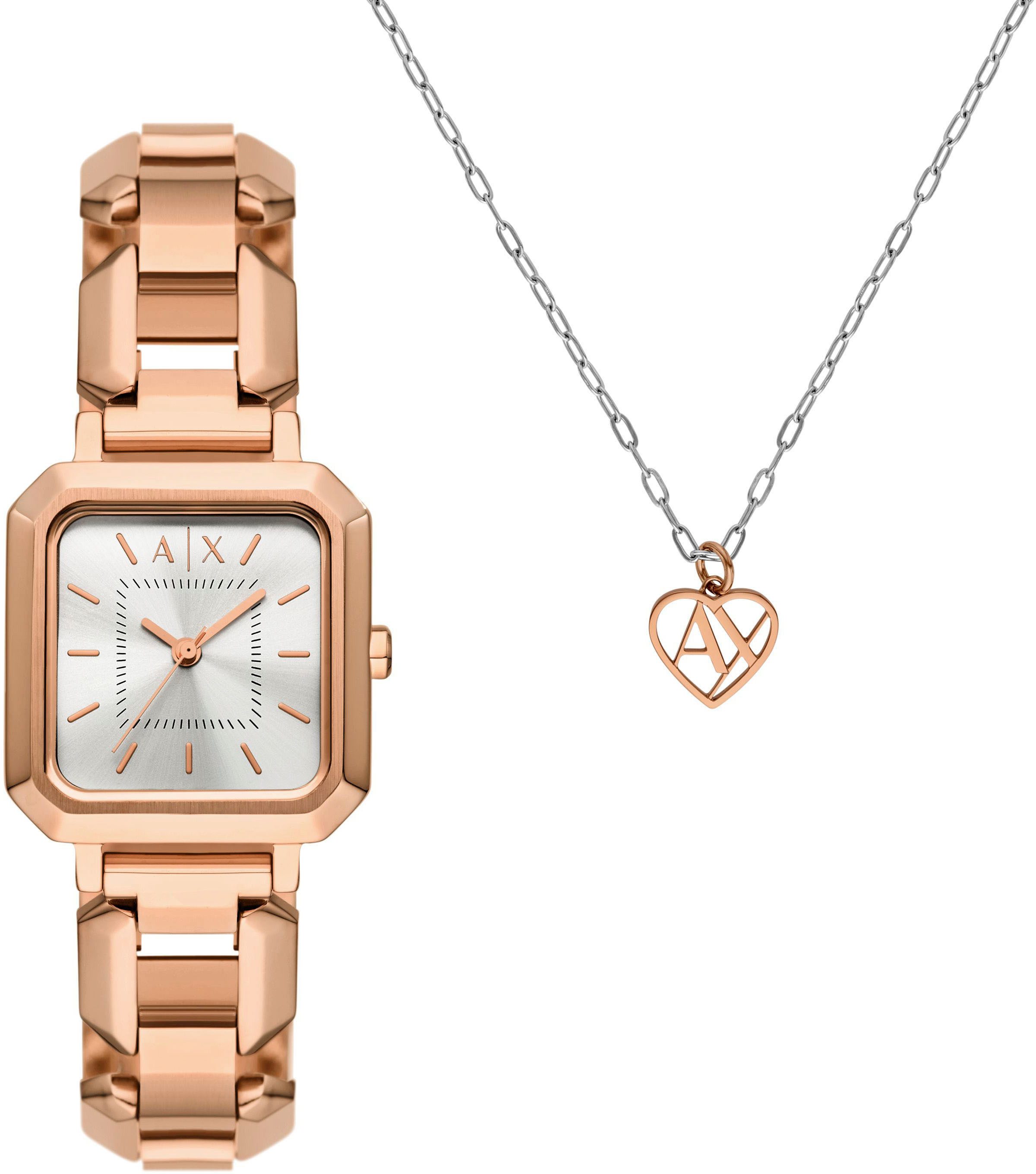 ARMANI EXCHANGE Quarzuhr AX7167SET, (Set, 2-tlg., mit Halskette), Armbanduhr, Damenuhr, Edelstahlarmband, Ideal auch als Geschenk