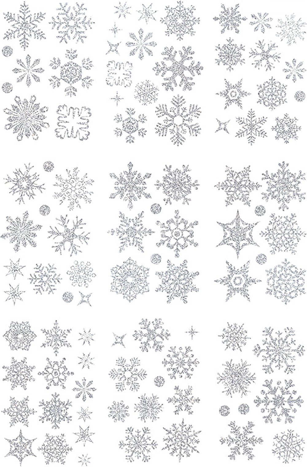 Weihnachtsdeko 9 Schneeflocken, Stück Fensteraufkleber Fenstersticker Silber ZanMax