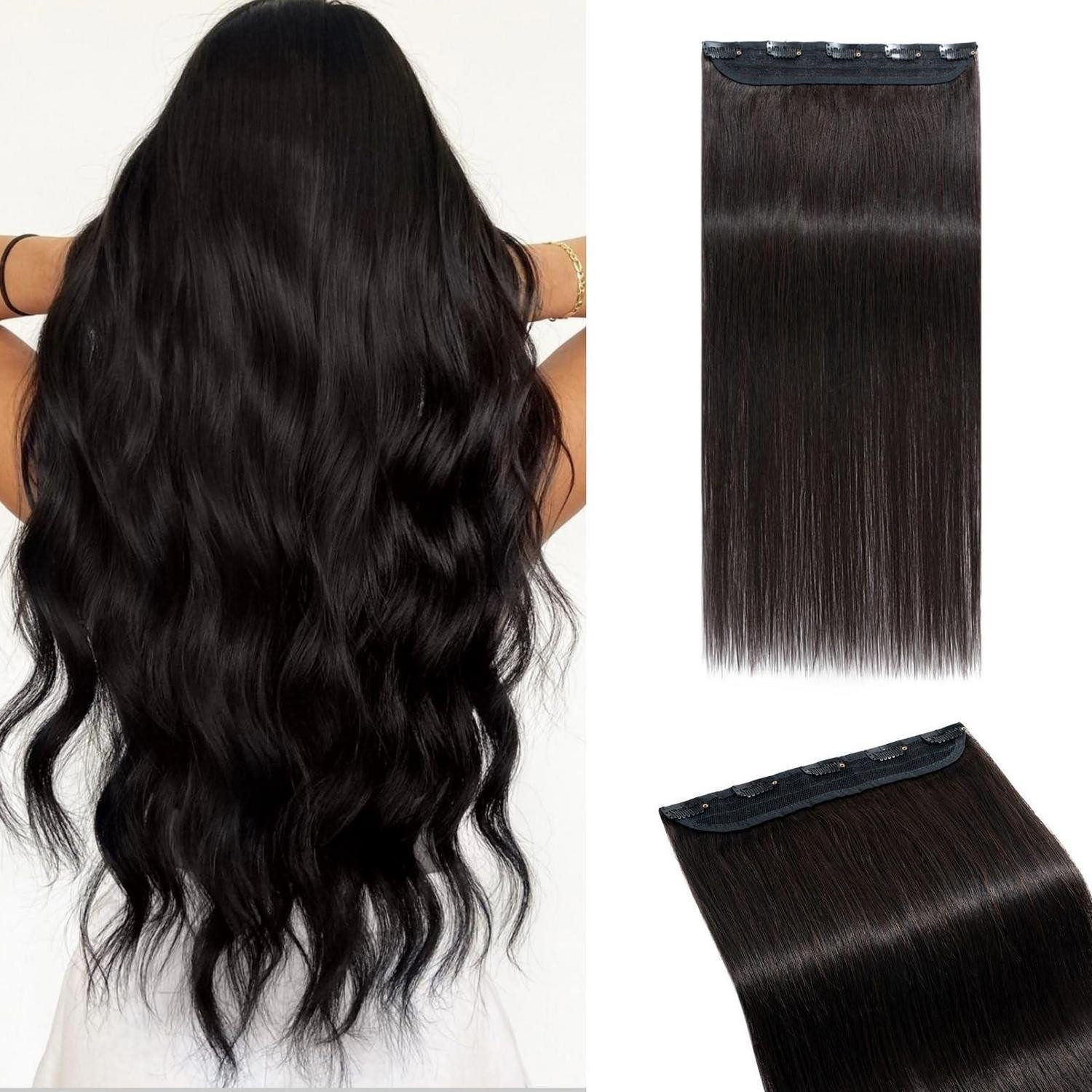 LuxusKollektion Echthaar-Extension Clip In Extensions Echthaar 5 Clips 1B Natürliches Schwarz 55cm-55g